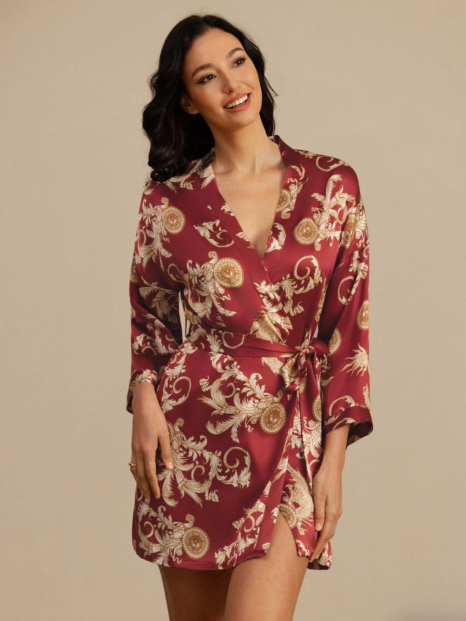 Dam Pure Silk Draktryck 3/4 Ärm Kimono Morgonrock Med Bälte - Image 10
