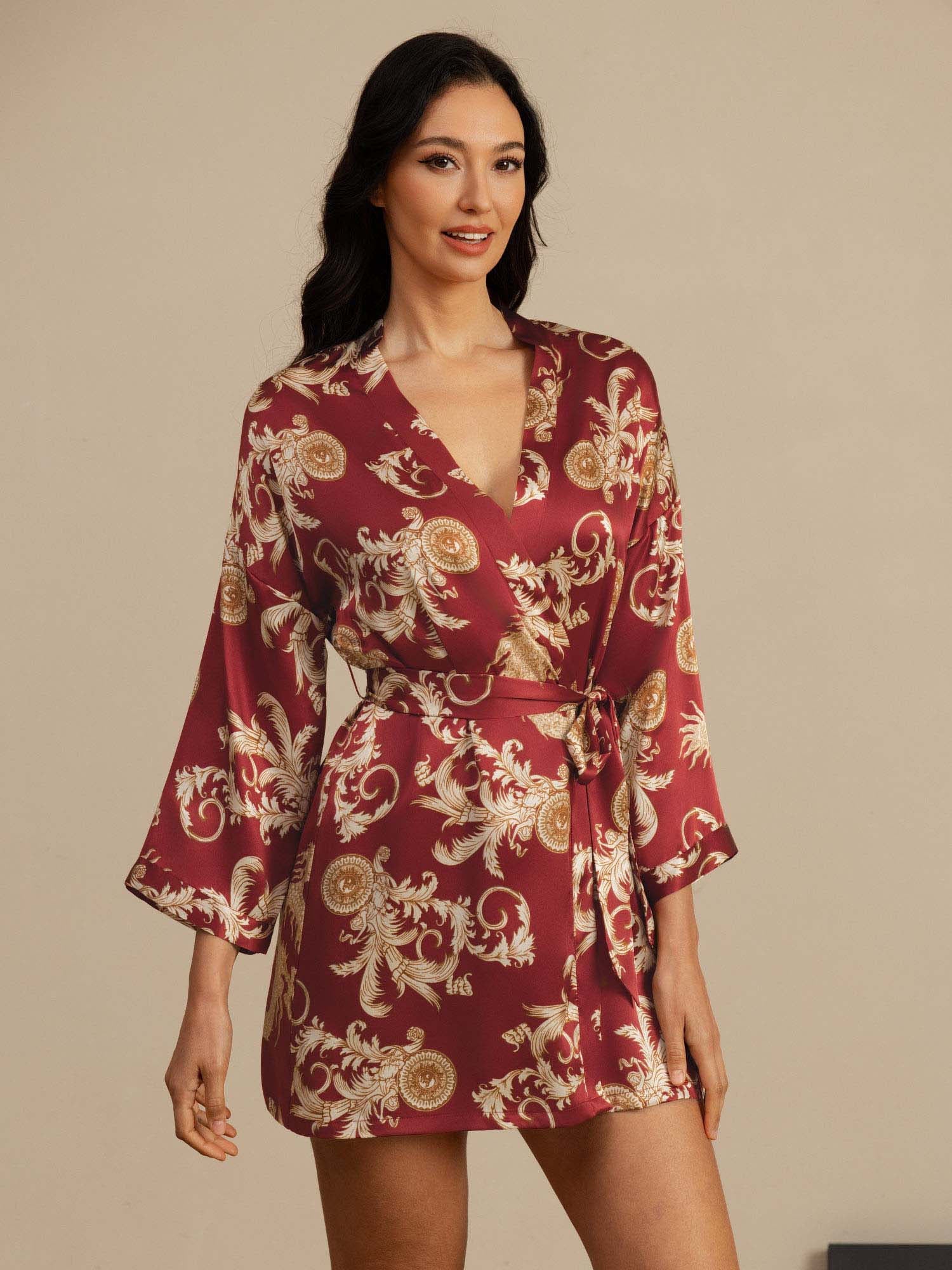 Dam Pure Silk Draktryck 3/4 Ärm Kimono Morgonrock Med Bälte - Image 11