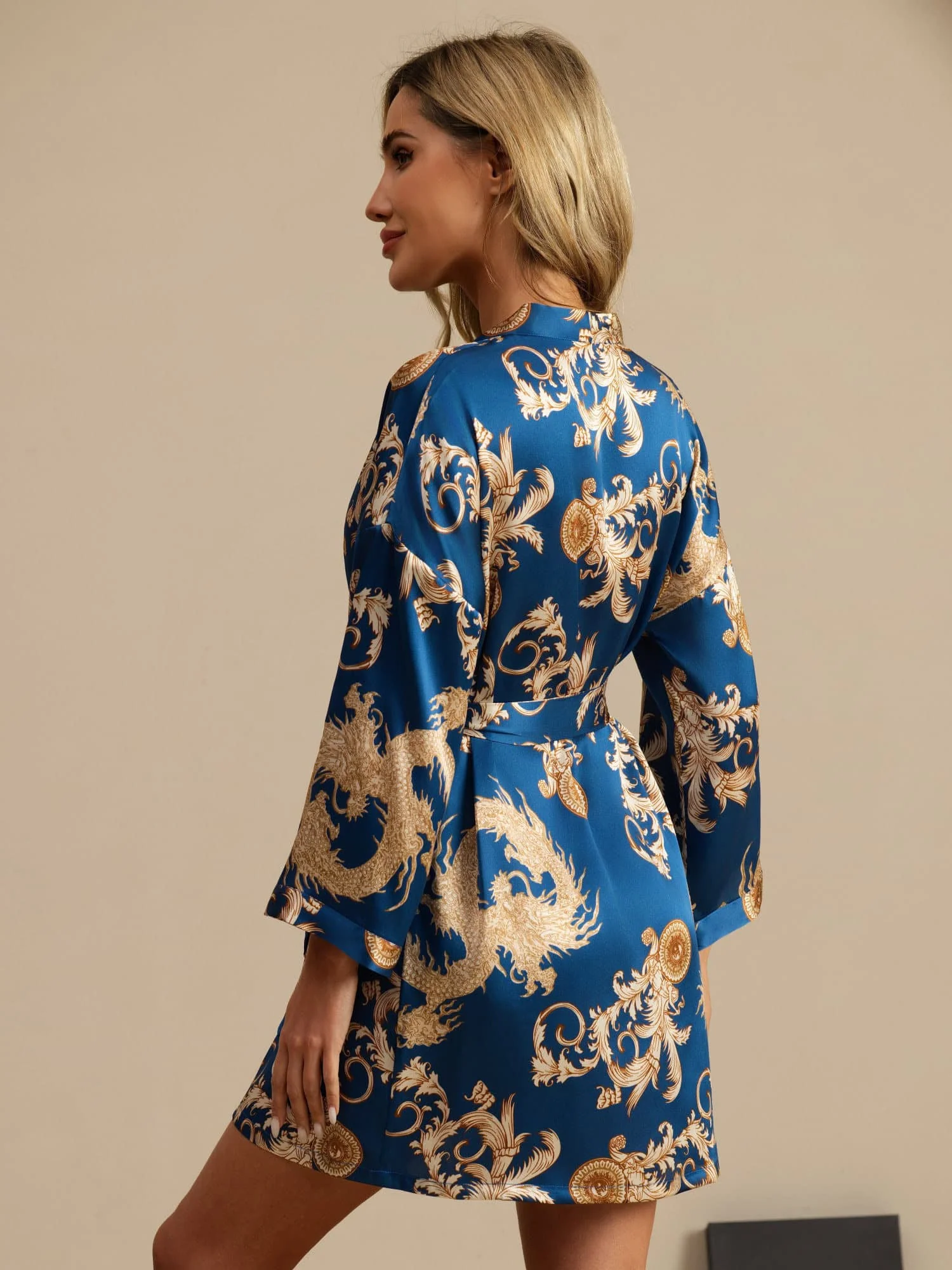 Dam Pure Silk Draktryck 3/4 Ärm Kimono Morgonrock Med Bälte - Image 16