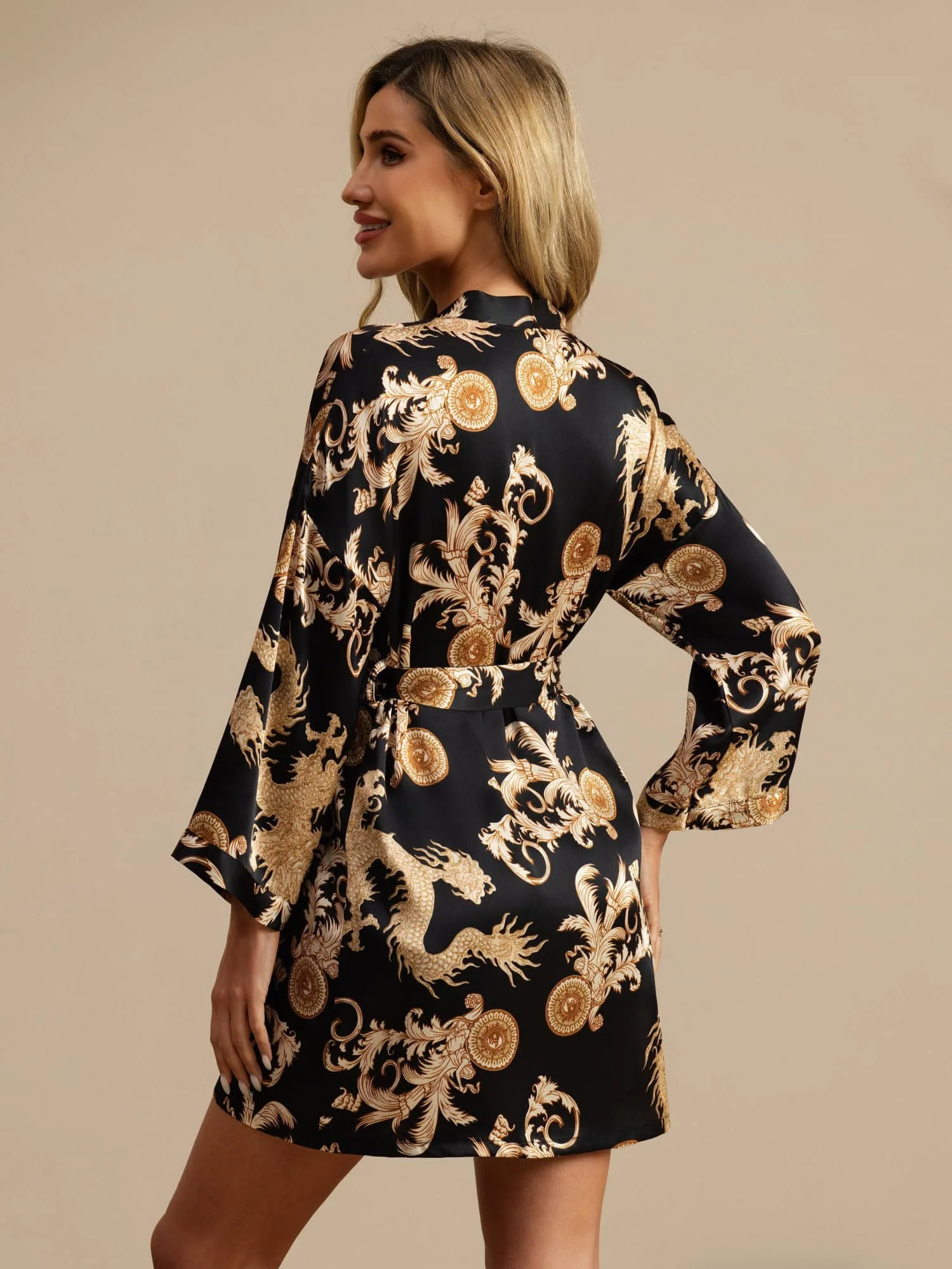 Dam Pure Silk Draktryck 3/4 Ärm Kimono Morgonrock Med Bälte - Image 2