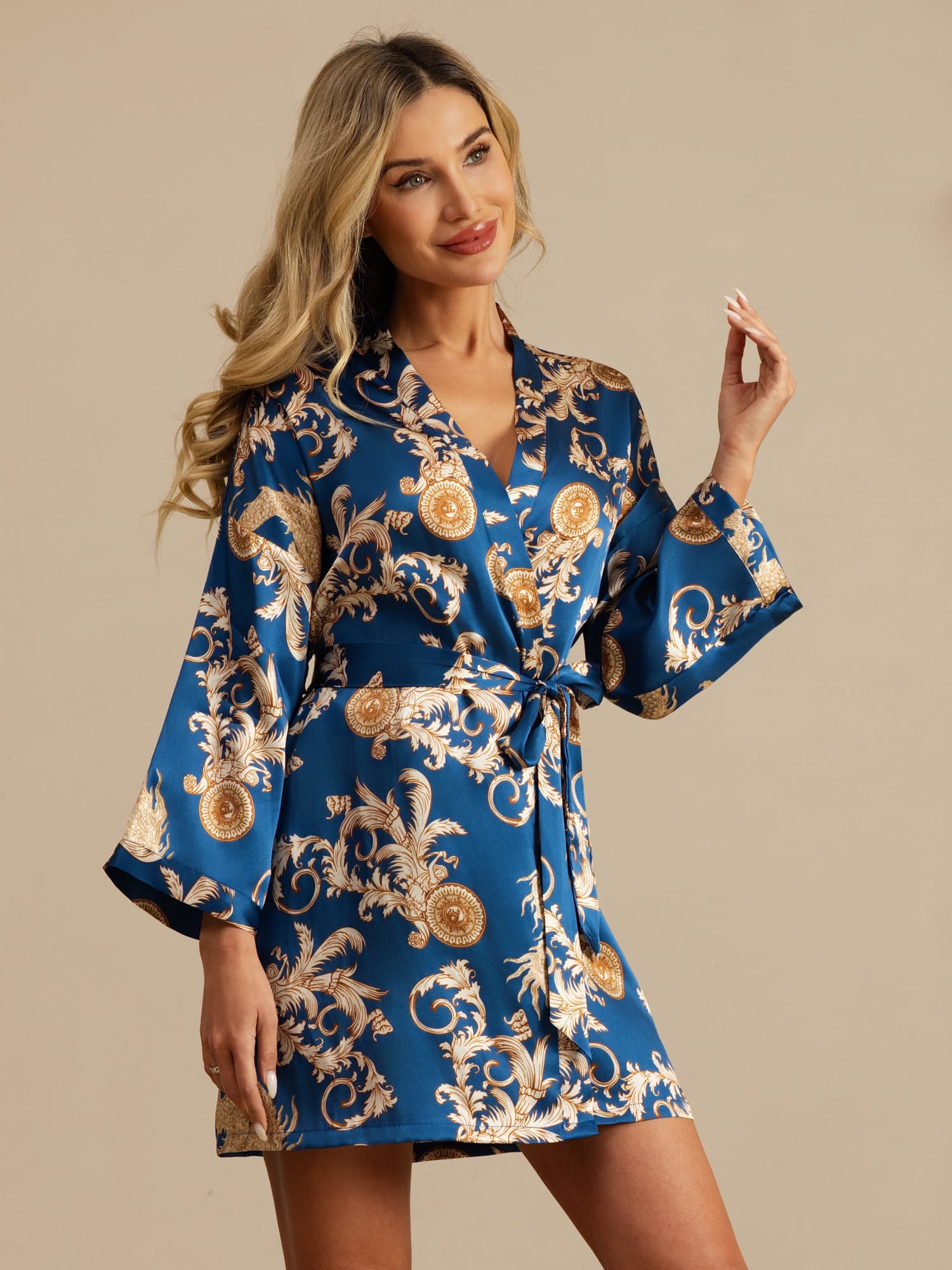 Dam Pure Silk Draktryck 3/4 Ärm Kimono Morgonrock Med Bälte - Image 21