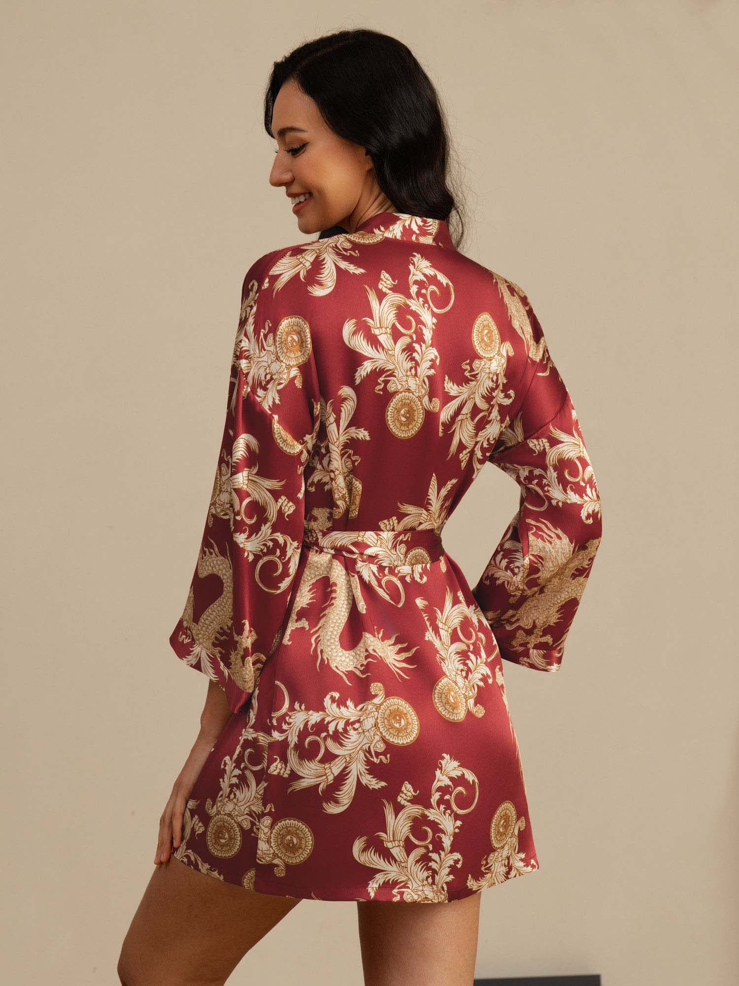 Dam Pure Silk Draktryck 3/4 Ärm Kimono Morgonrock Med Bälte - Image 9