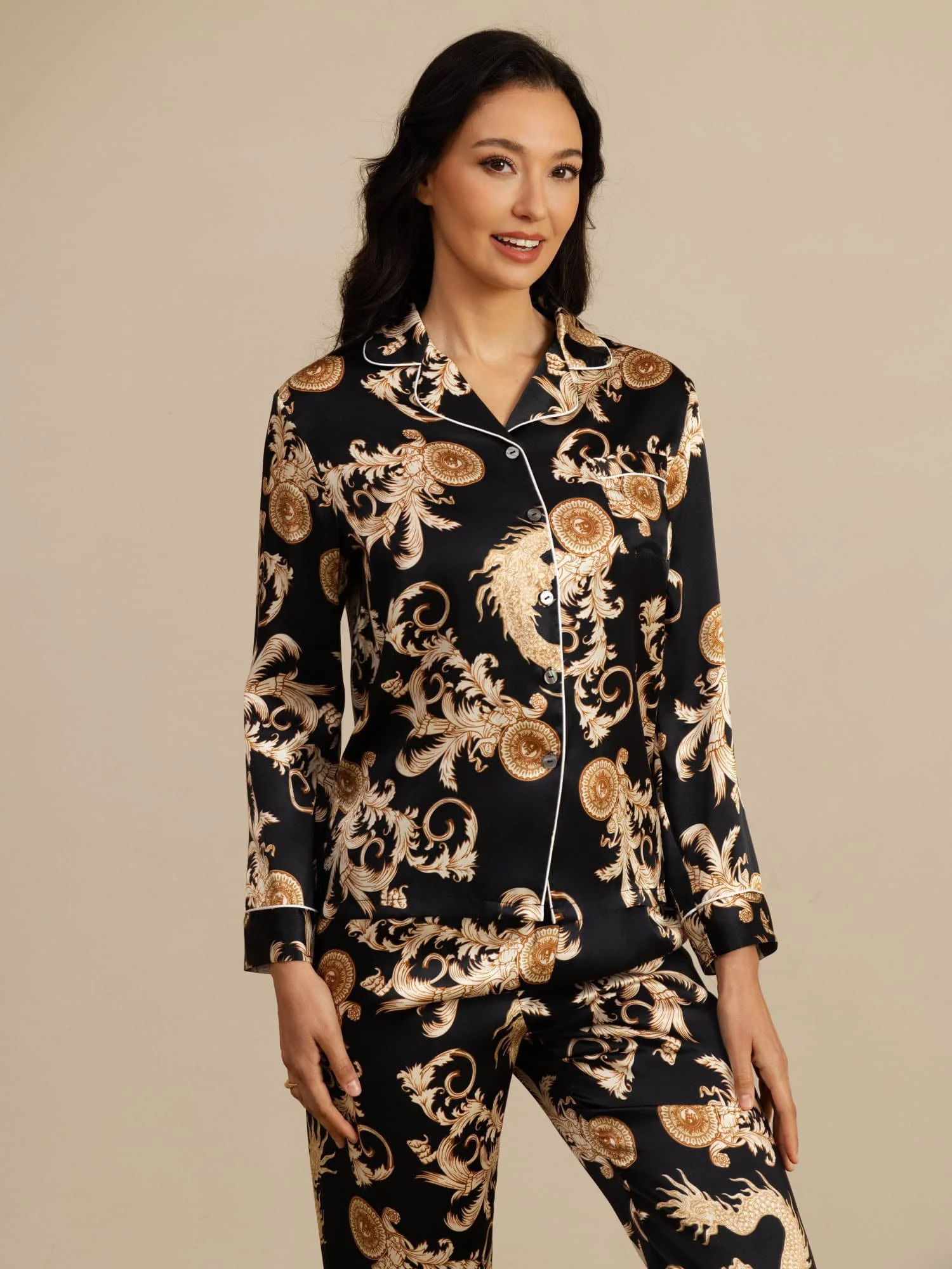 Dam Pure Silk Långärmad Notch Krage Pyjamas Set Med Byxor Draktryck - Image 12