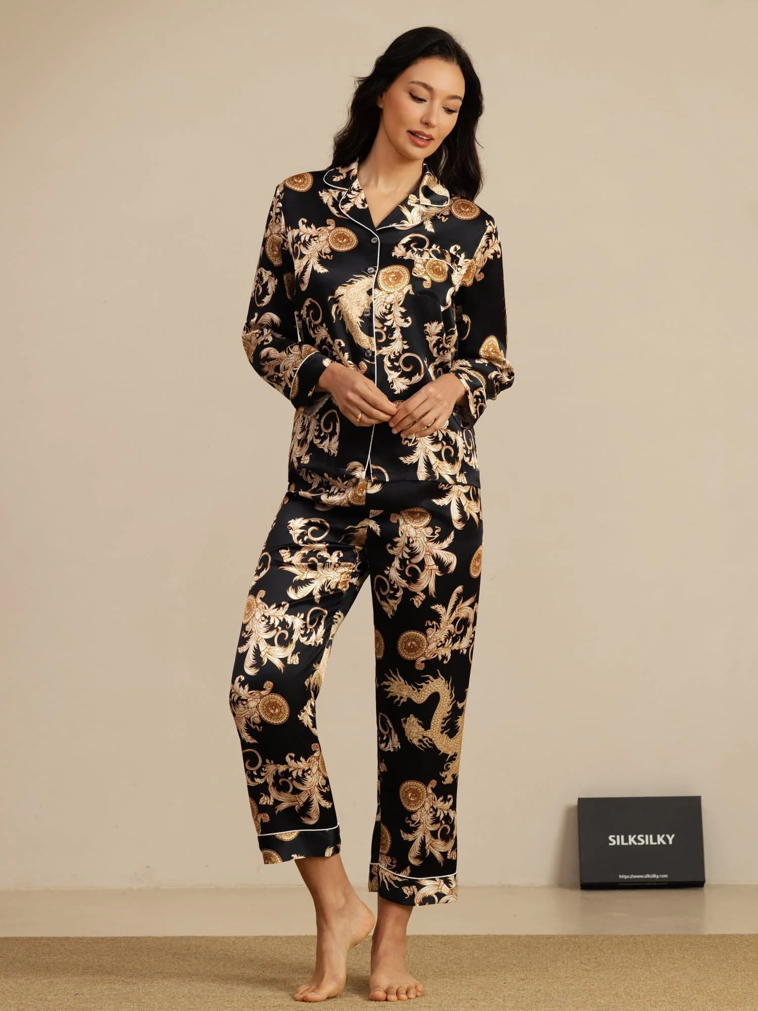 Dam Pure Silk Långärmad Notch Krage Pyjamas Set Med Byxor Draktryck - Image 14