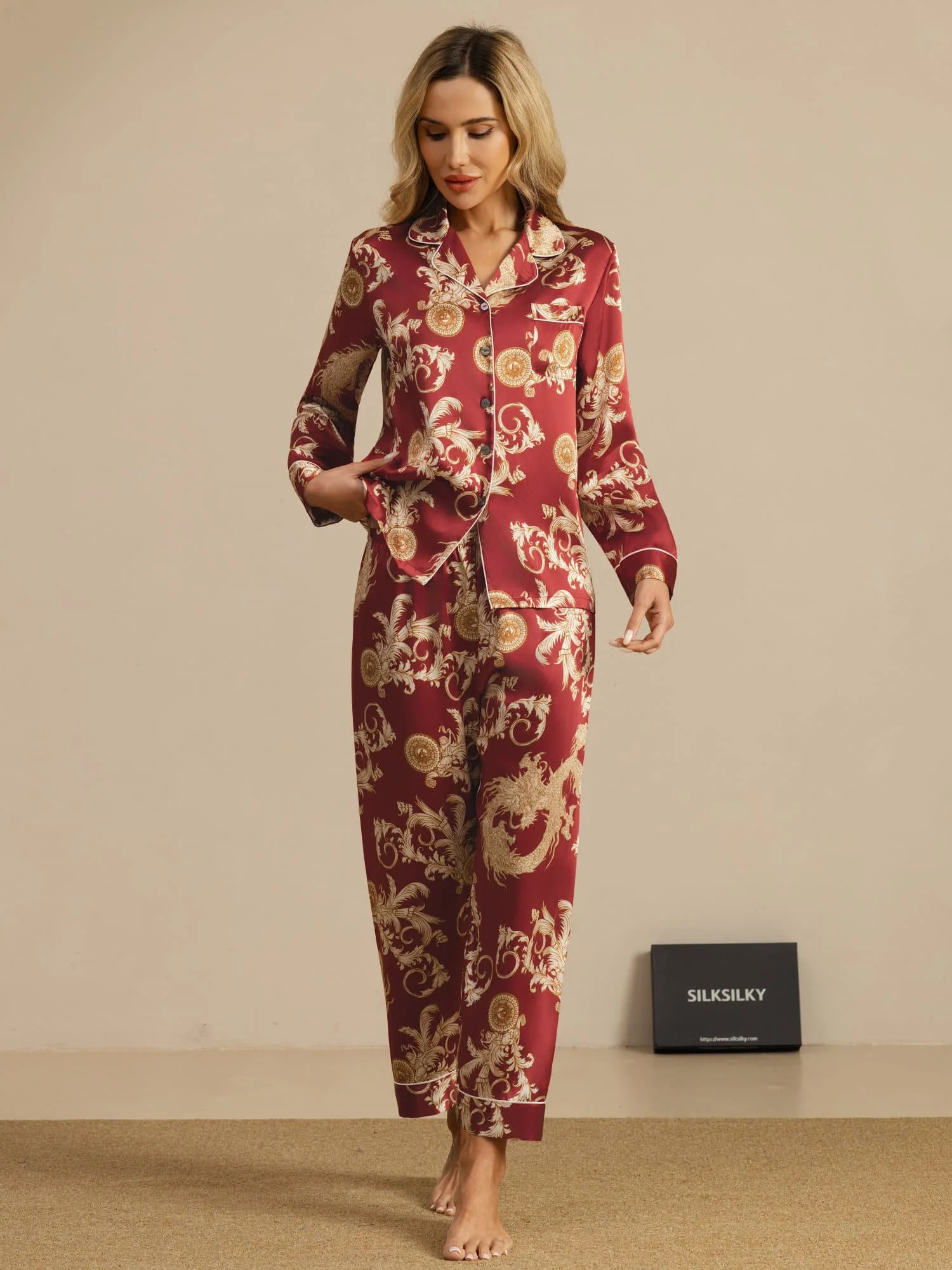 Dam Pure Silk Långärmad Notch Krage Pyjamas Set Med Byxor Draktryck - Image 7