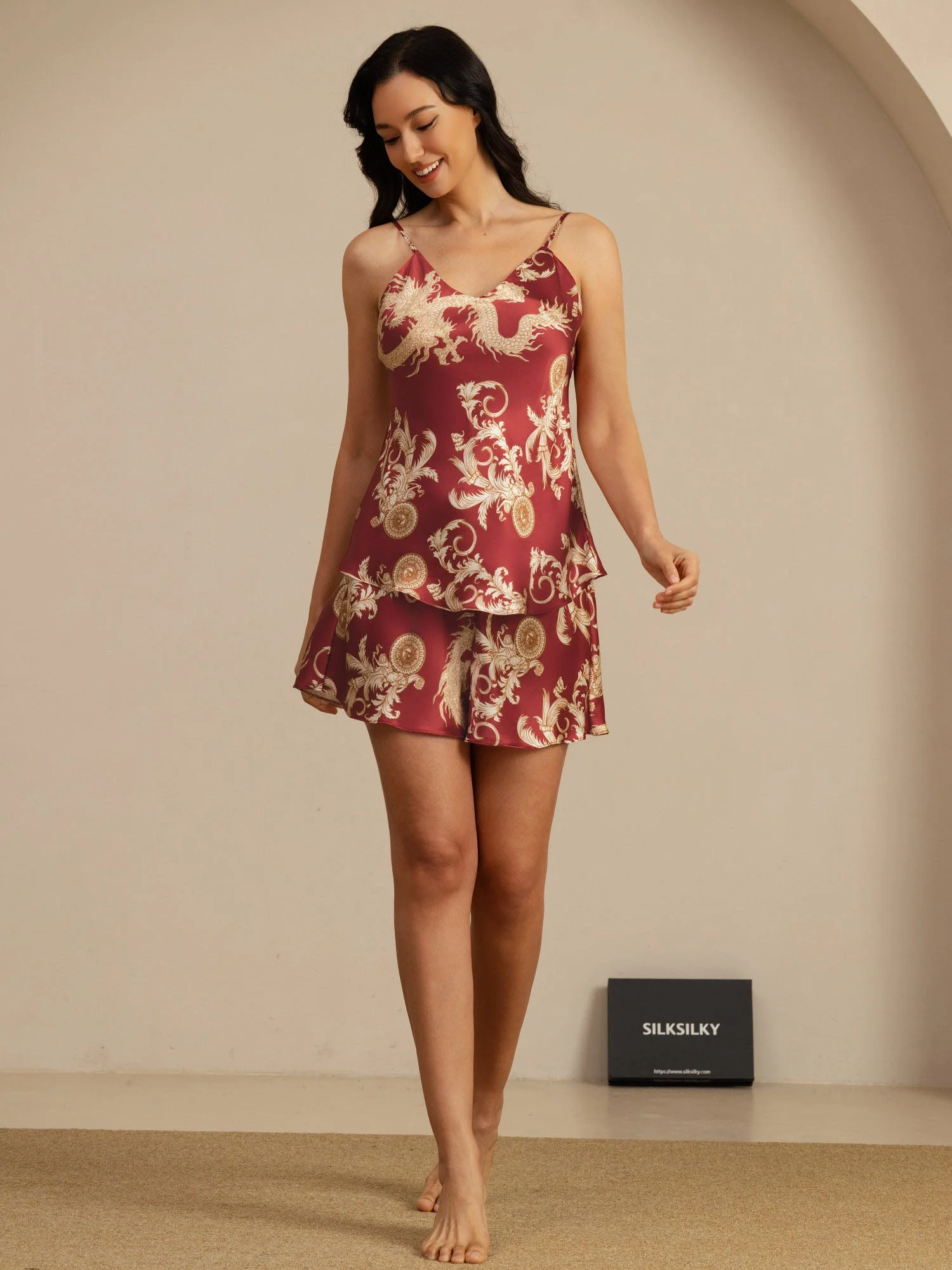 Dam Pure Silk Draktryck Spaghetti Band V Hals Camisole Set - Image 14