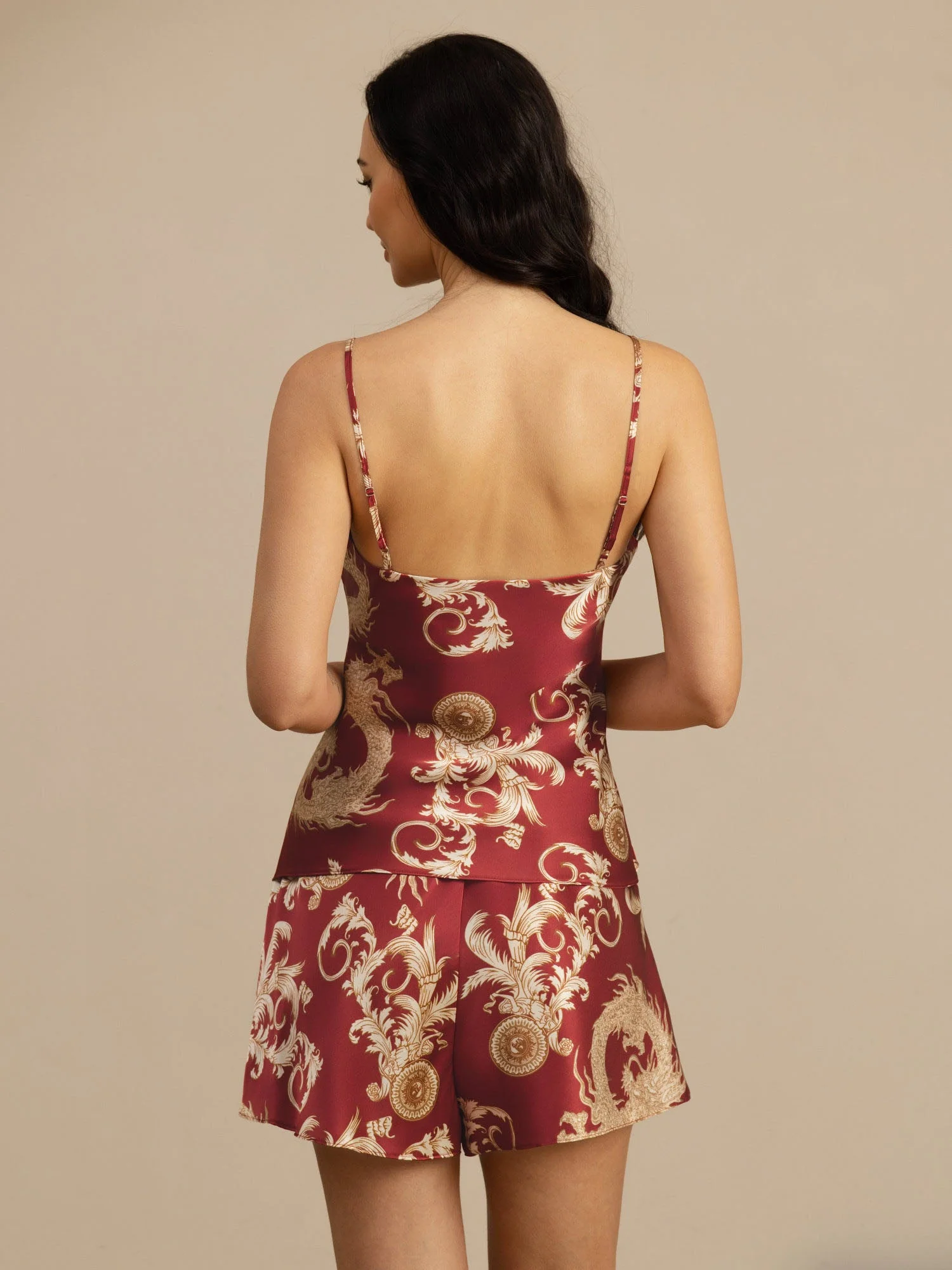 Dam Pure Silk Draktryck Spaghetti Band V Hals Camisole Set - Image 9