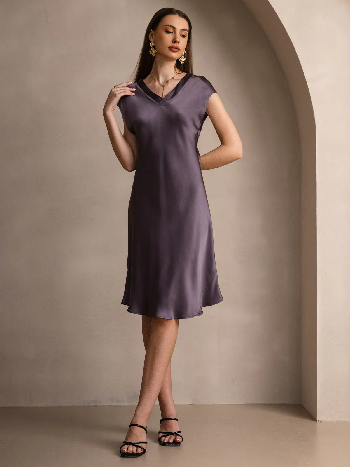 Ren Siden Elegant Cap Sleeve Klänning - Image 11