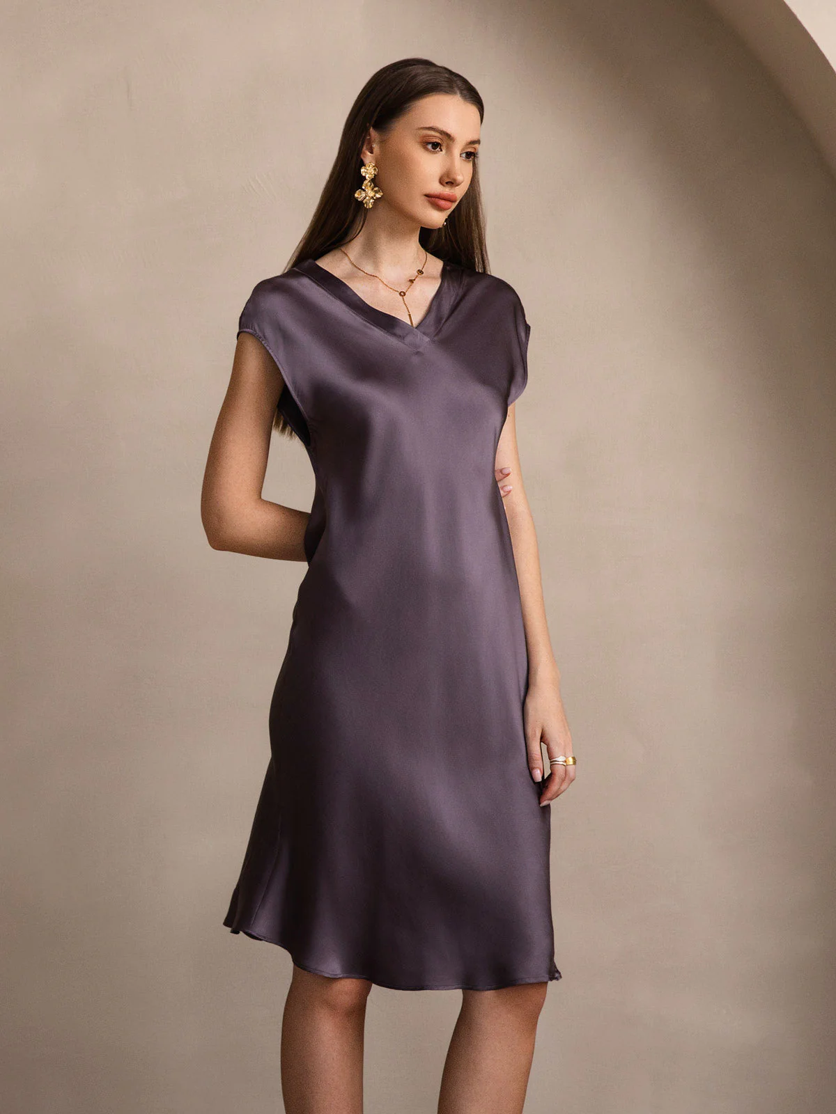Ren Siden Elegant Cap Sleeve Klänning - Image 12