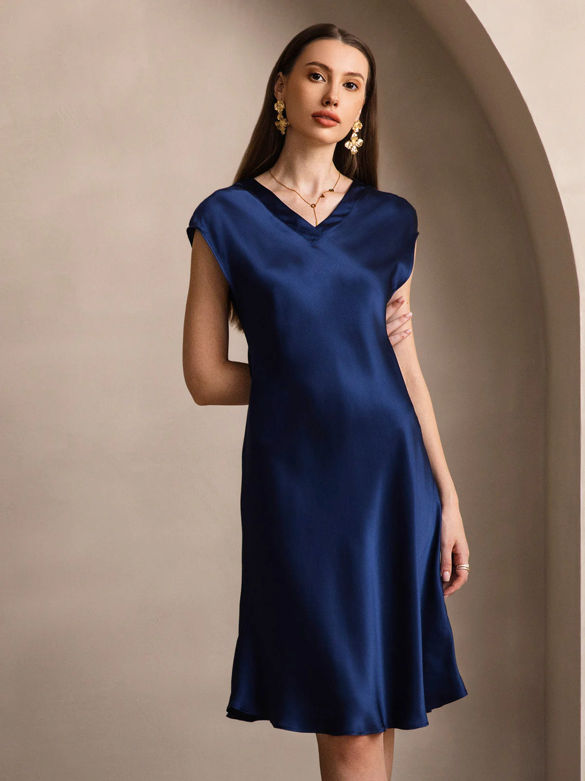 Ren Siden Elegant Cap Sleeve Klänning - Image 13
