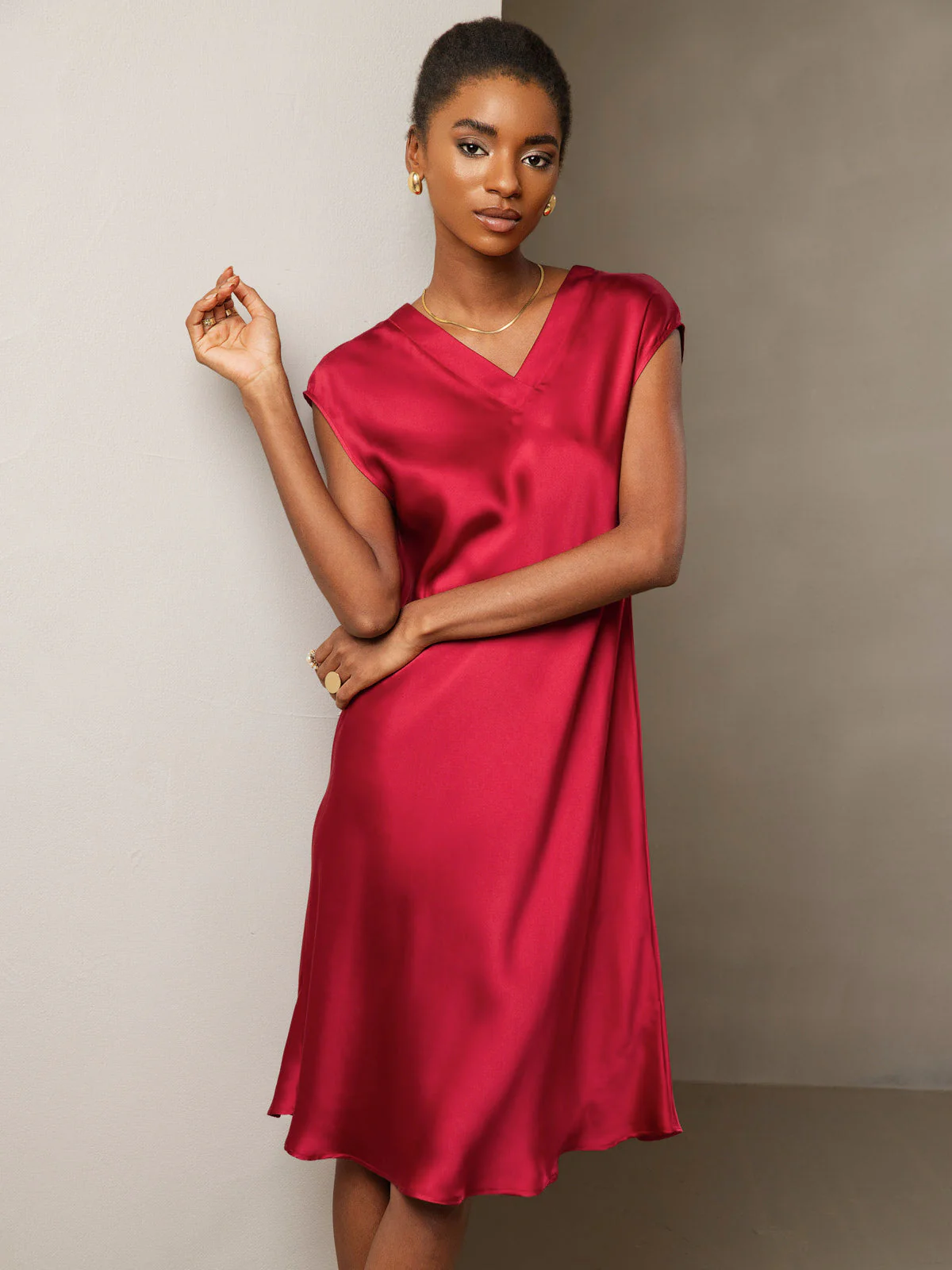 Ren Siden Elegant Cap Sleeve Klänning - Image 34