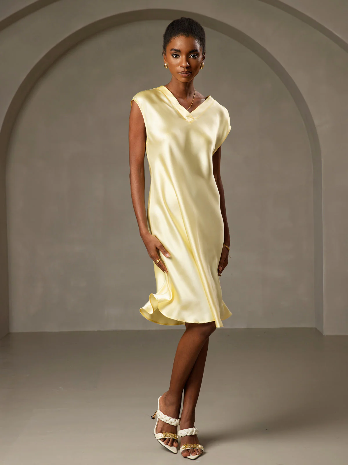 Ren Siden Elegant Cap Sleeve Klänning - Image 38