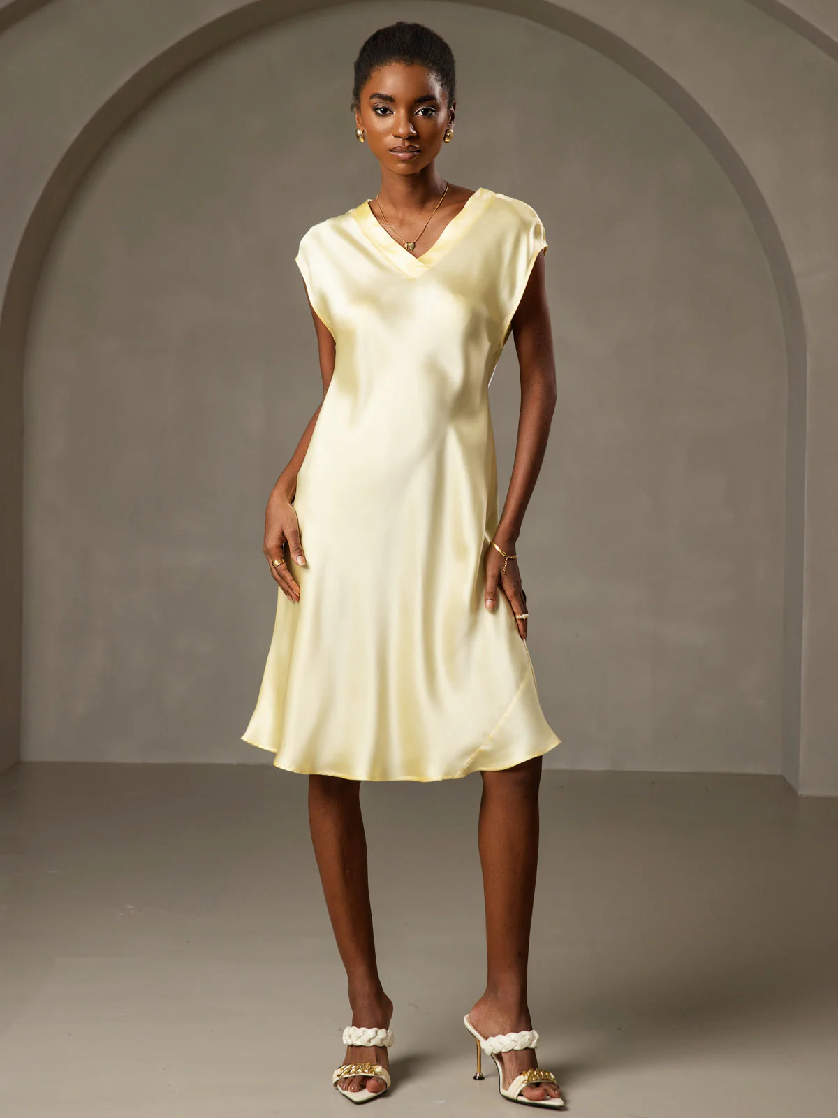 Ren Siden Elegant Cap Sleeve Klänning - Image 43