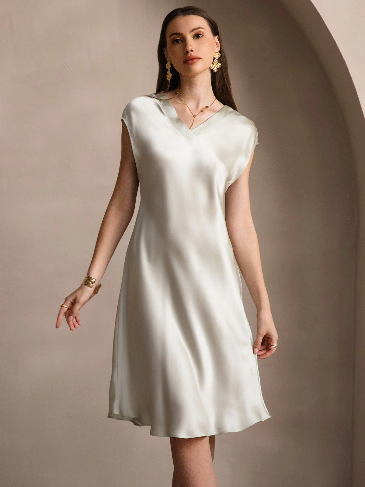 Ren Siden Elegant Cap Sleeve Klänning - Image 47