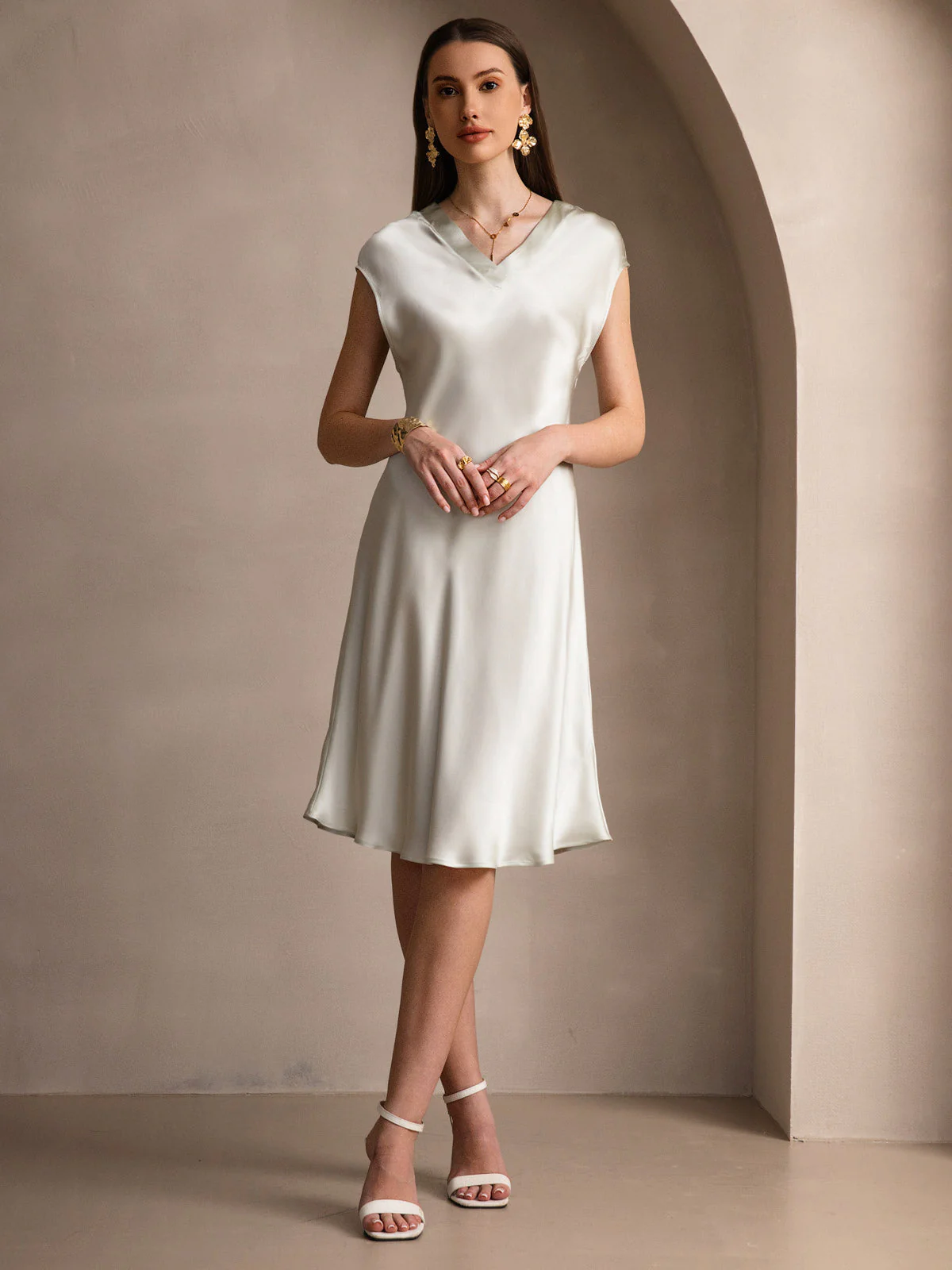 Ren Siden Elegant Cap Sleeve Klänning - Image 48