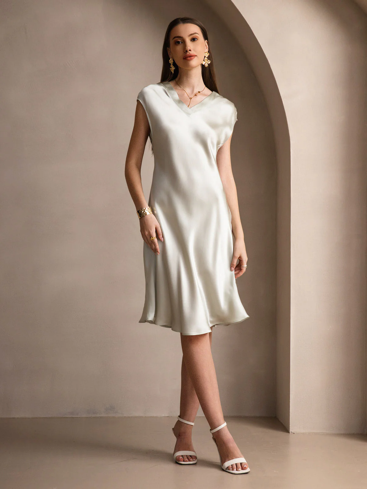 Ren Siden Elegant Cap Sleeve Klänning - Image 49