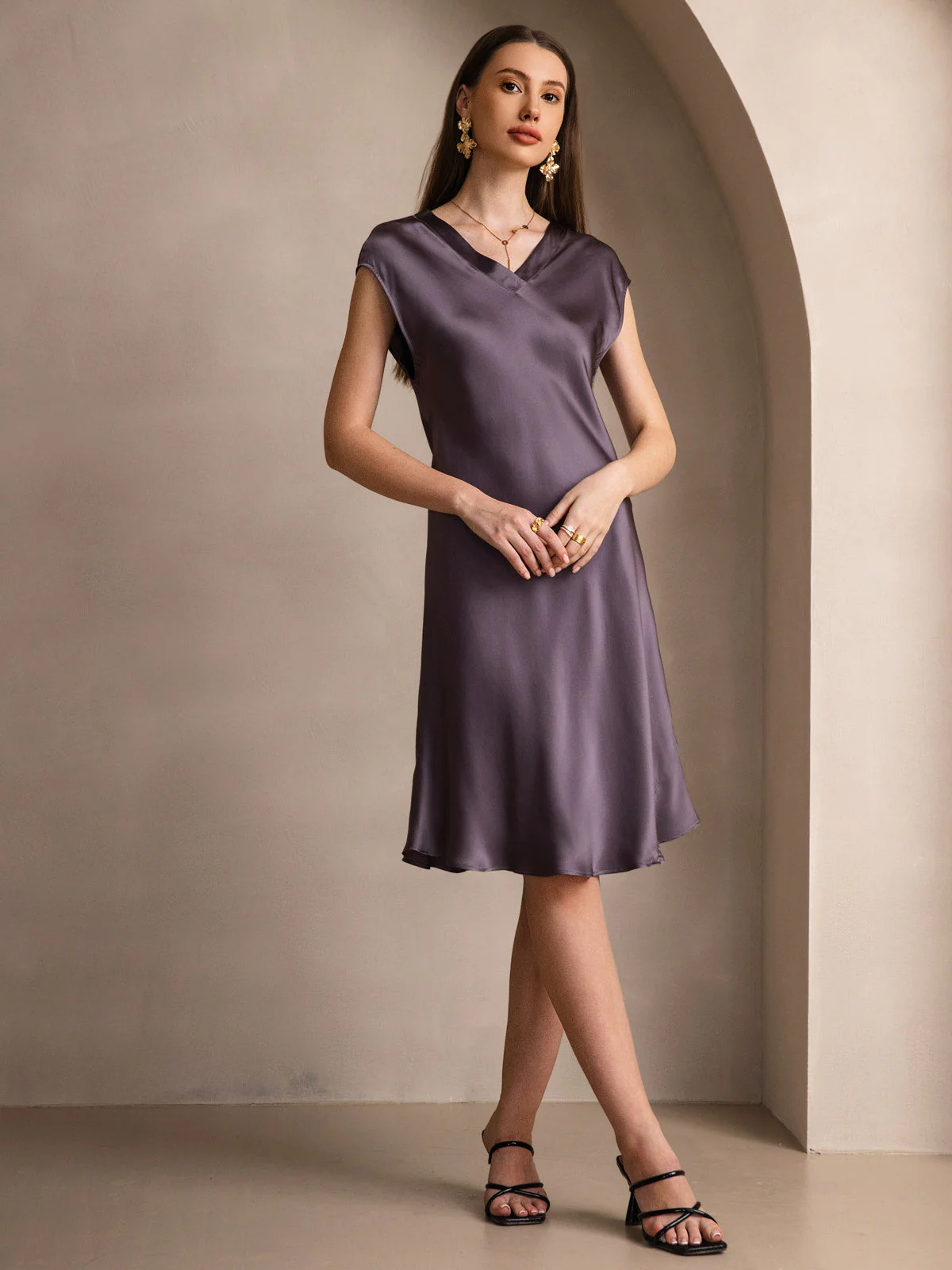 Ren Siden Elegant Cap Sleeve Klänning - Image 7