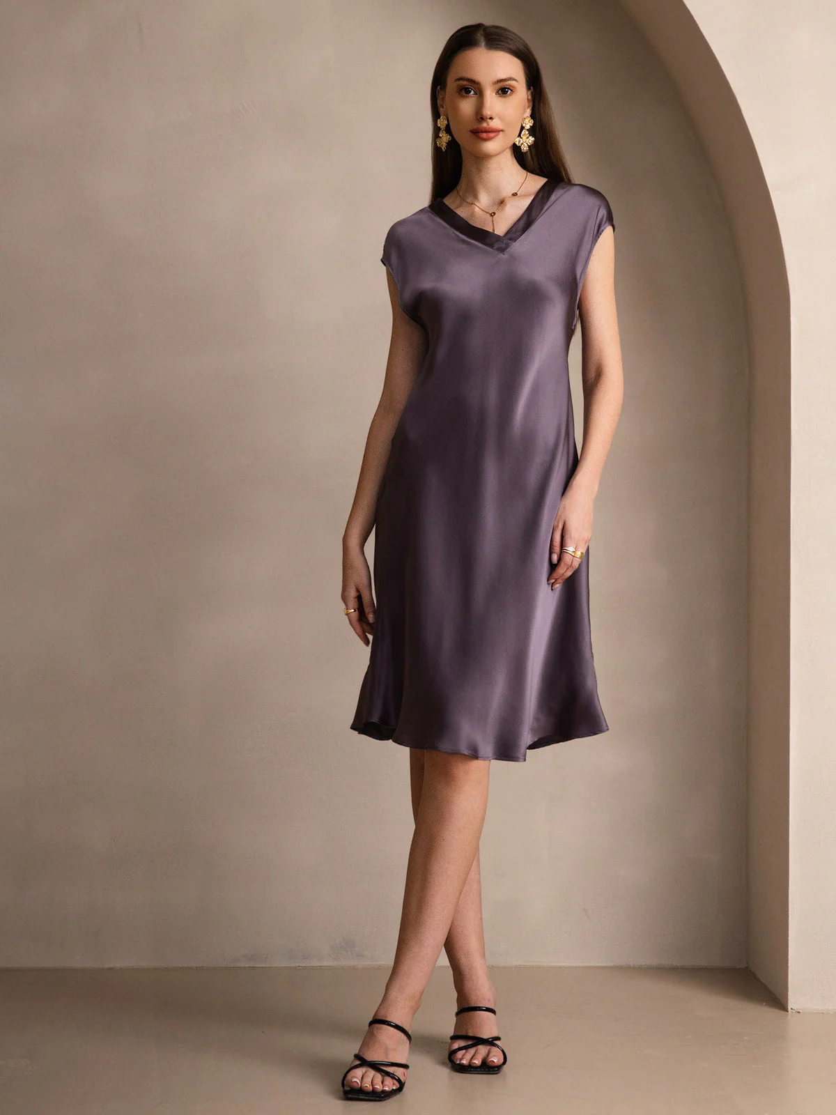Ren Siden Elegant Cap Sleeve Klänning - Image 9