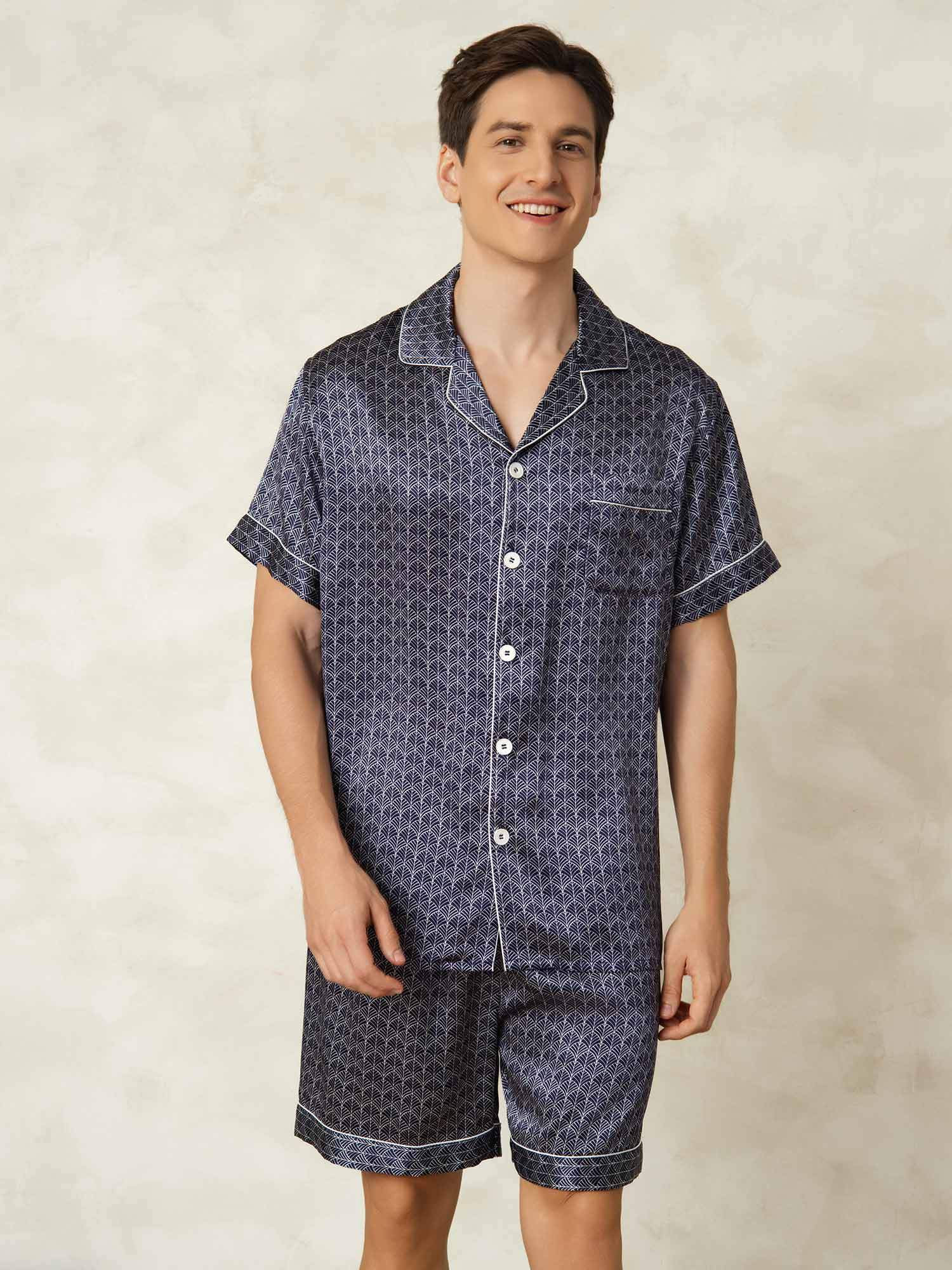 Herr Pyjamaset I Ren Siden Marinblå Med Ginkgo-Tryck Kortärmad Och Slagkrage