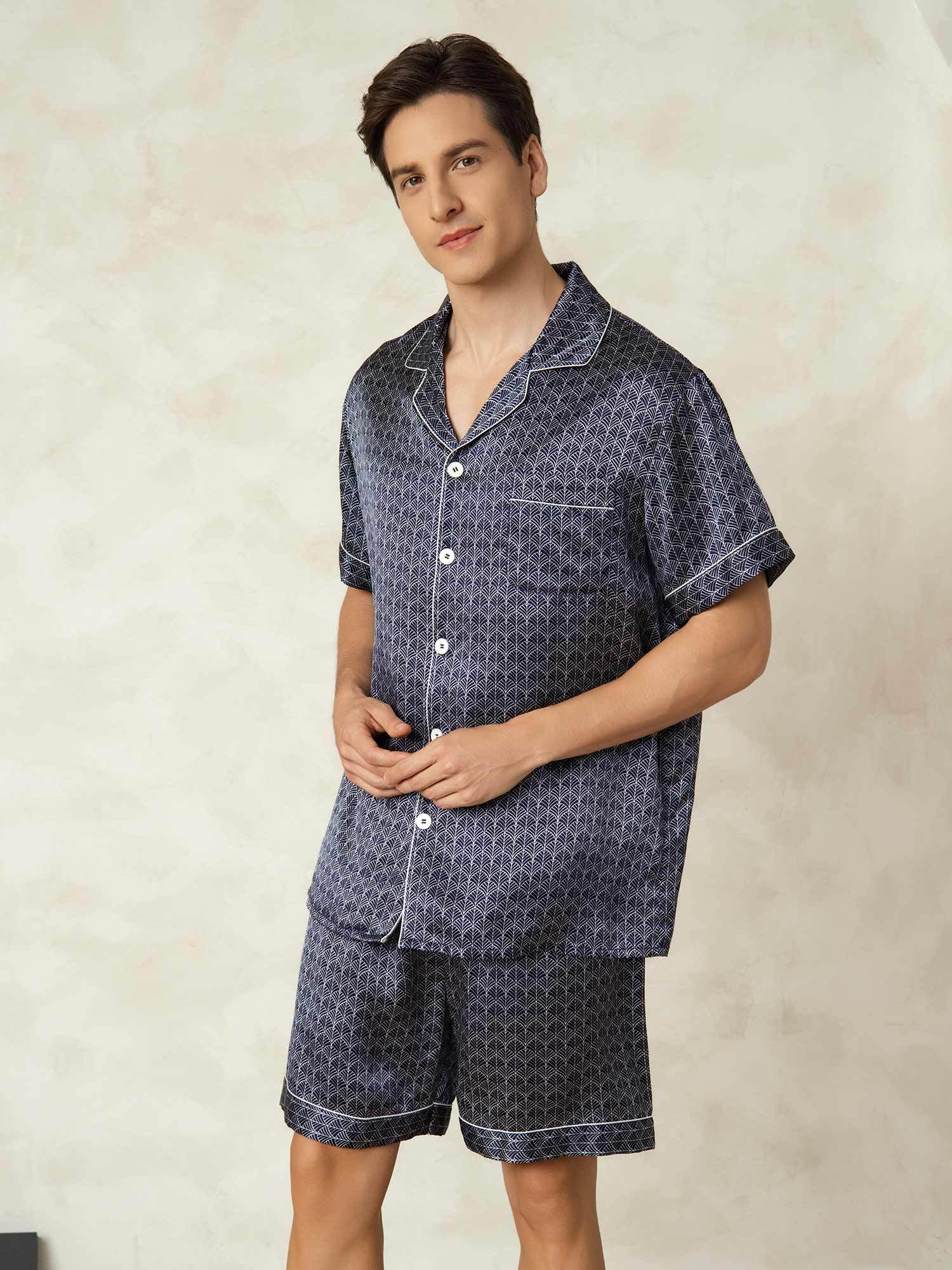 Herr Pyjamaset I Ren Siden Marinblå Med Ginkgo-Tryck Kortärmad Och Slagkrage - Image 3