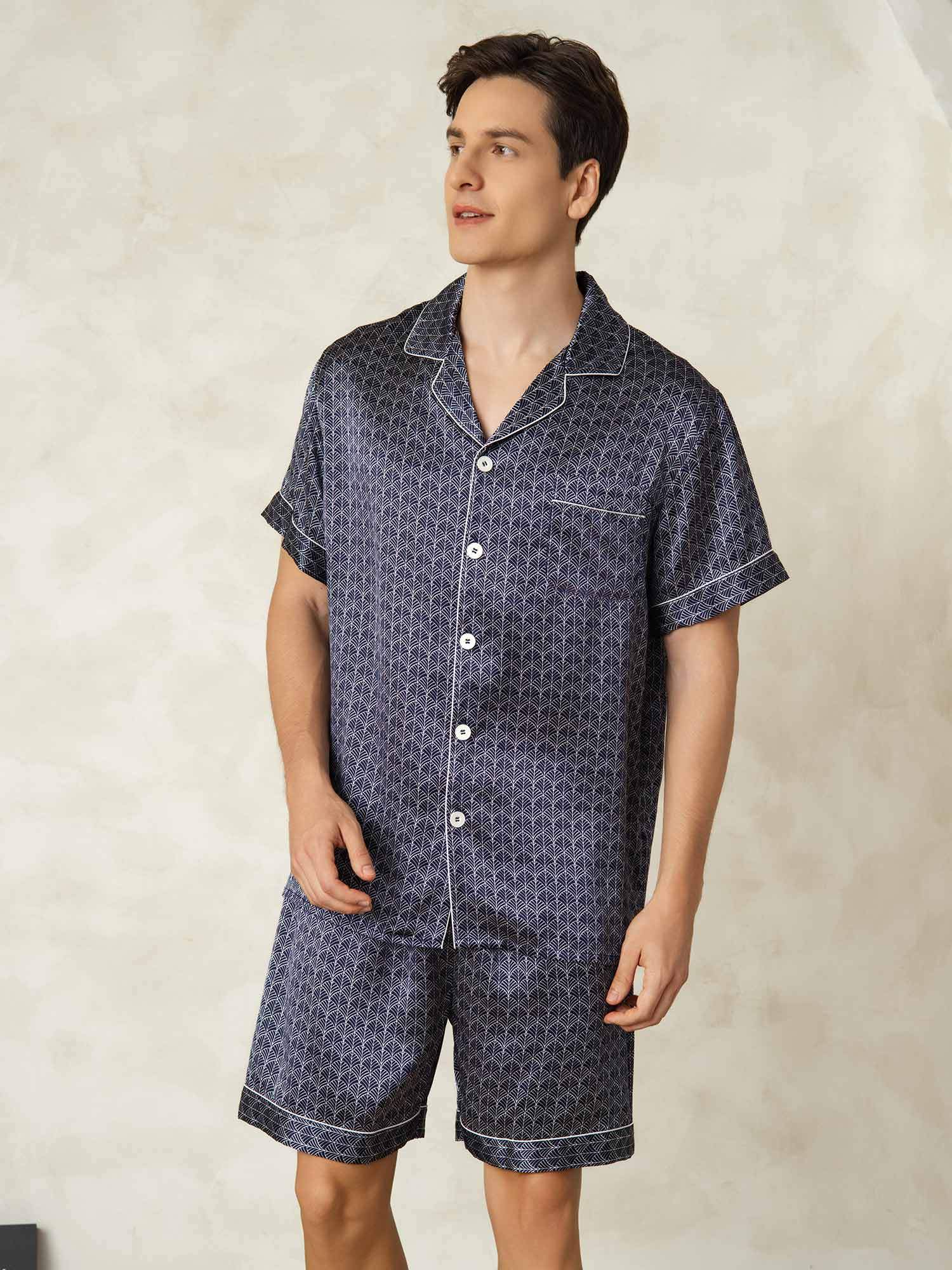 Herr Pyjamaset I Ren Siden Marinblå Med Ginkgo-Tryck Kortärmad Och Slagkrage - Image 4