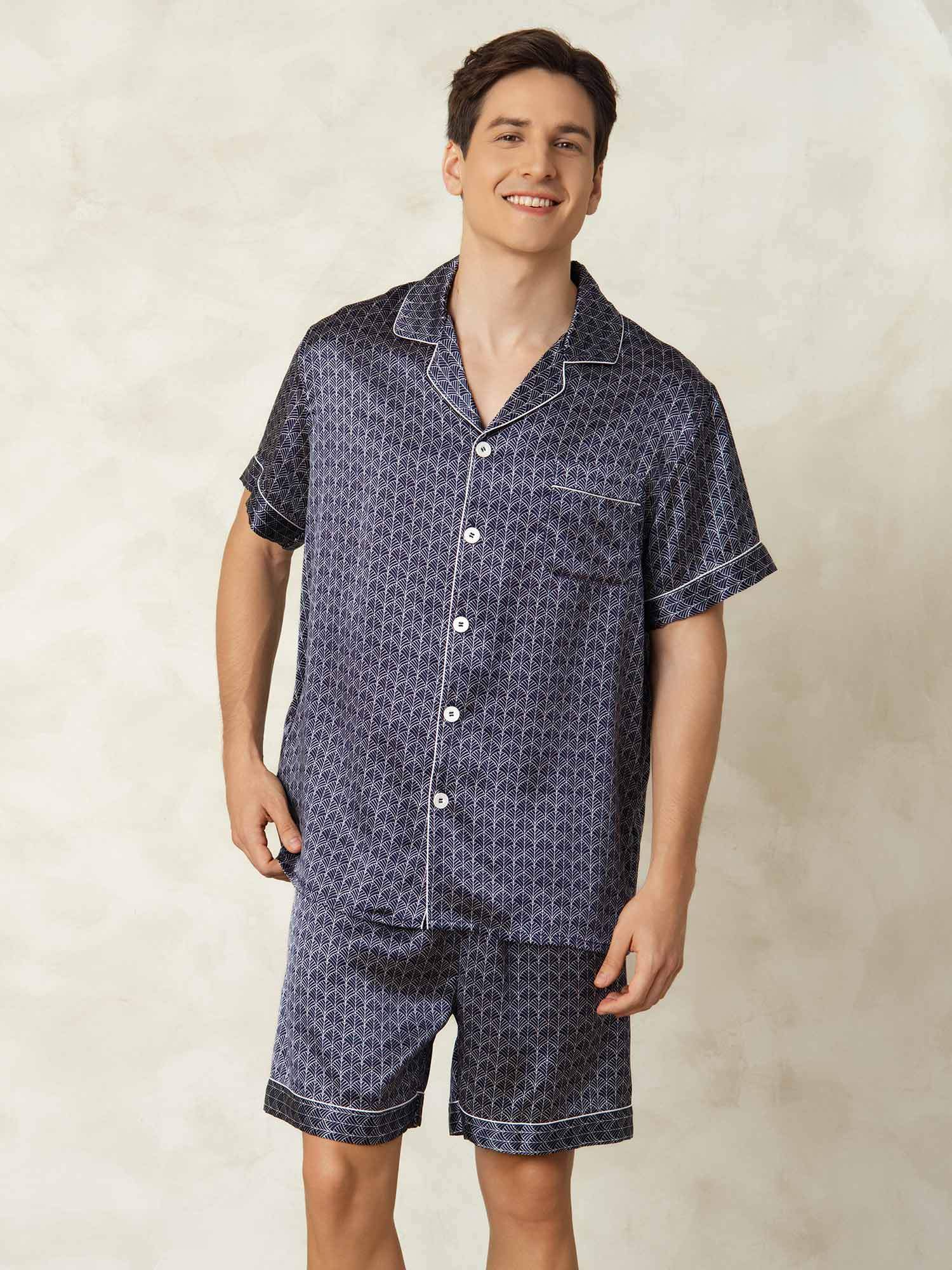 Herr Pyjamaset I Ren Siden Marinblå Med Ginkgo-Tryck Kortärmad Och Slagkrage - Image 5