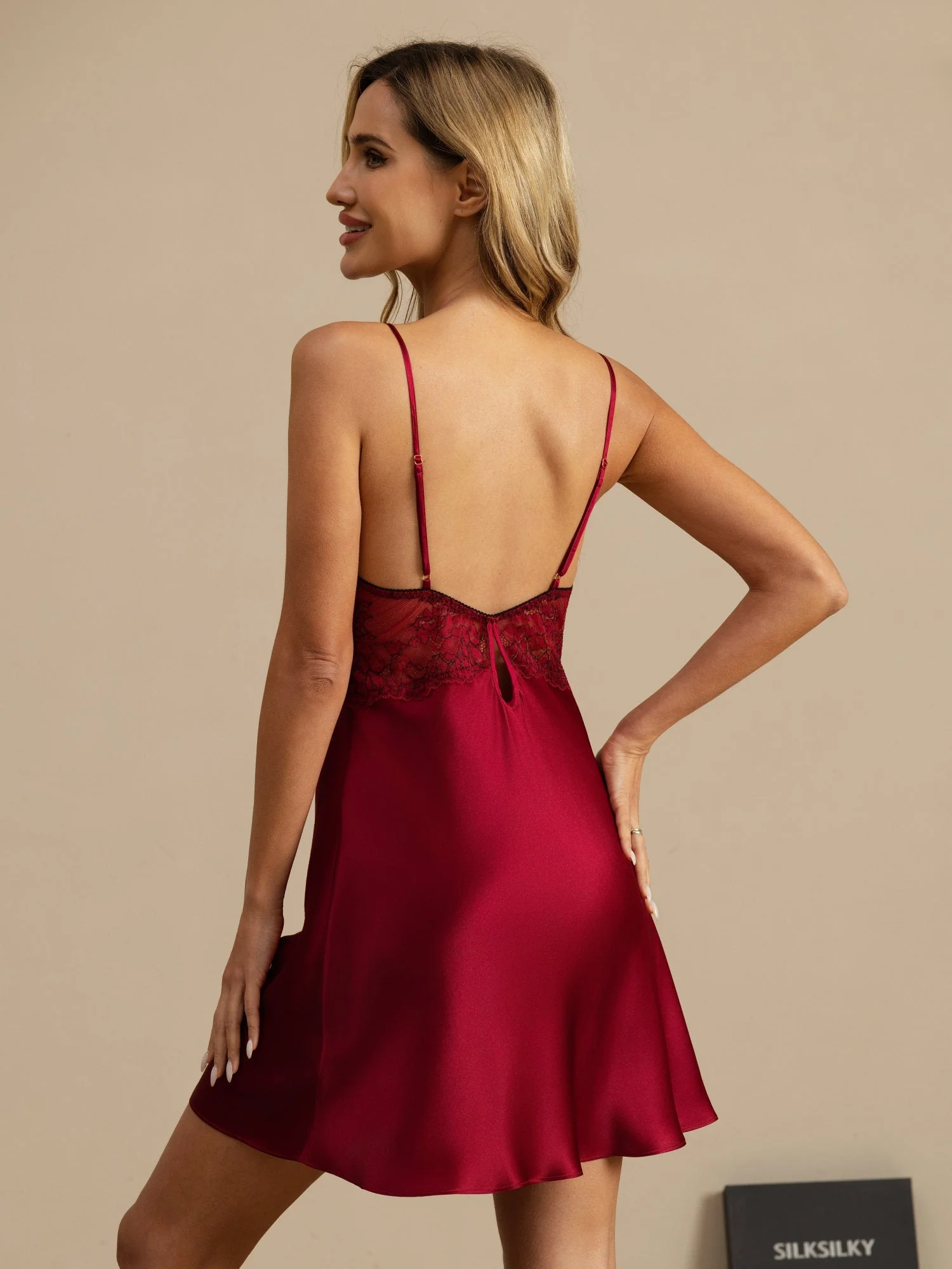 100% Mullbärssilke Nattlinne Med Spets V-ringning Sexig Chemise - Image 25
