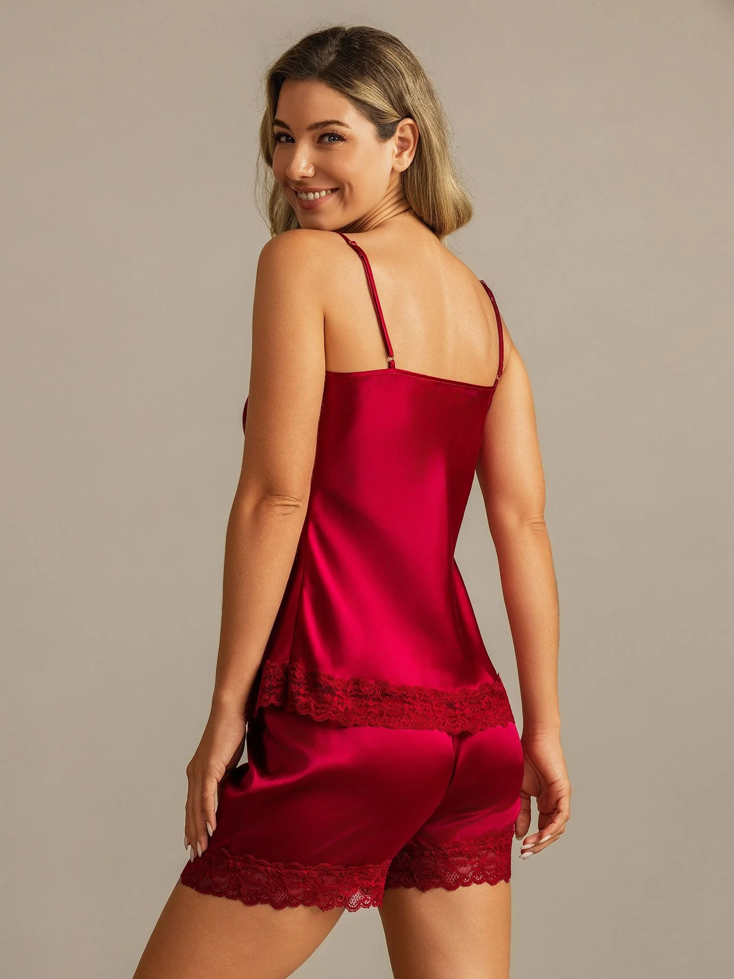 Ren Siden Spetskant Spaghettiband V Ringning Sexig Camisole Set - Image 2