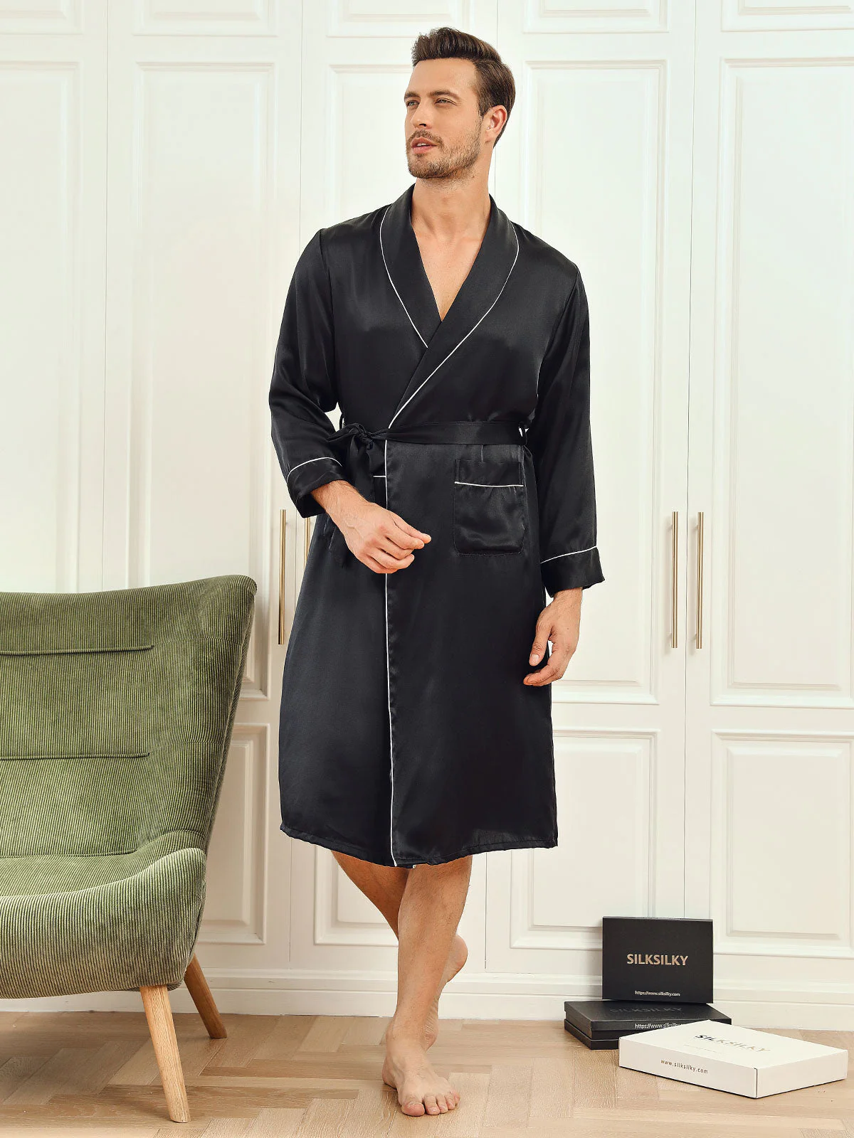 Rent Silke Lapel Collar Bälte Morgonrock (Byxor ingår ej) - Image 3