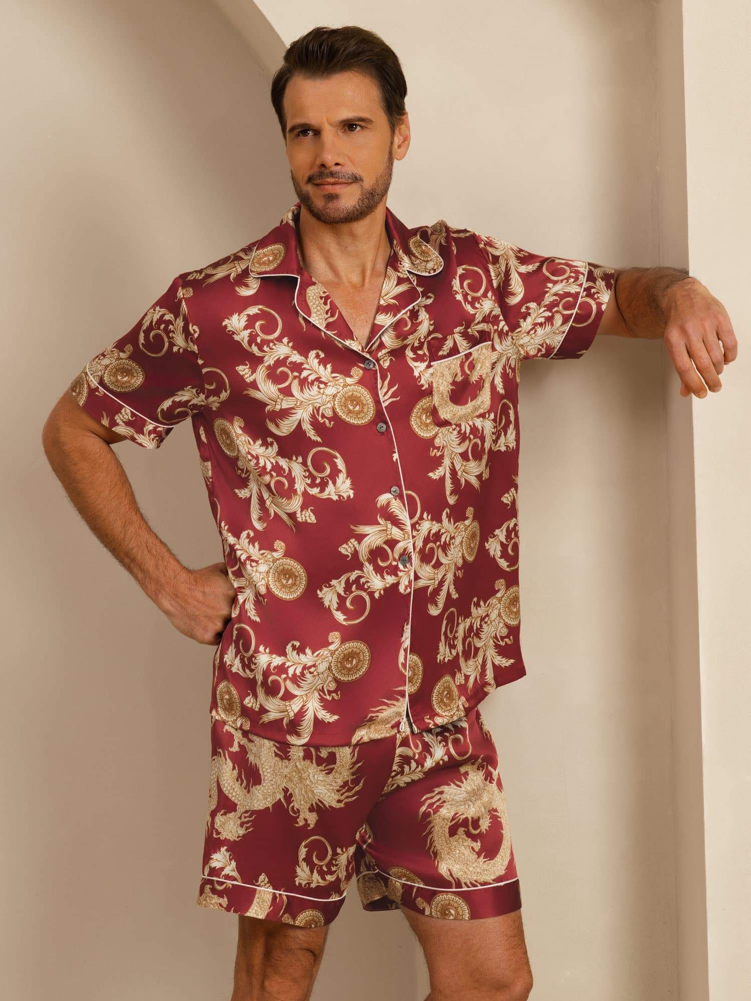 Pure Silke Herr Drake Print Kortärmad Notch Krage Pyjamas Set - Image 11