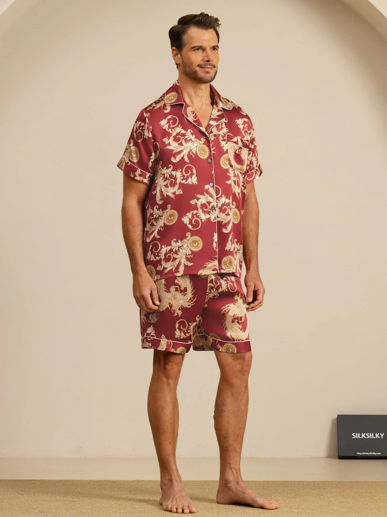 Pure Silke Herr Drake Print Kortärmad Notch Krage Pyjamas Set - Image 13