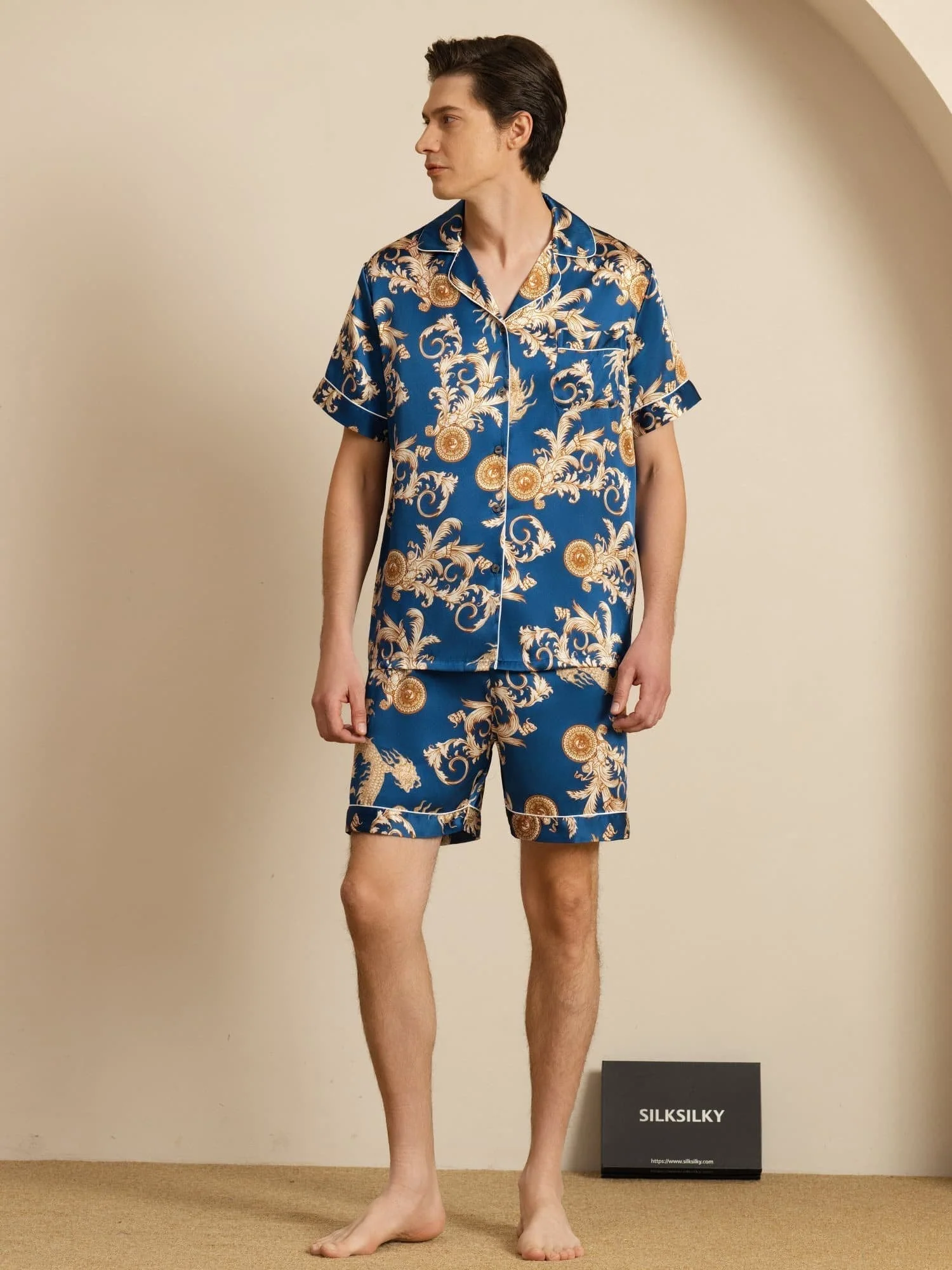 Pure Silke Herr Drake Print Kortärmad Notch Krage Pyjamas Set - Image 21