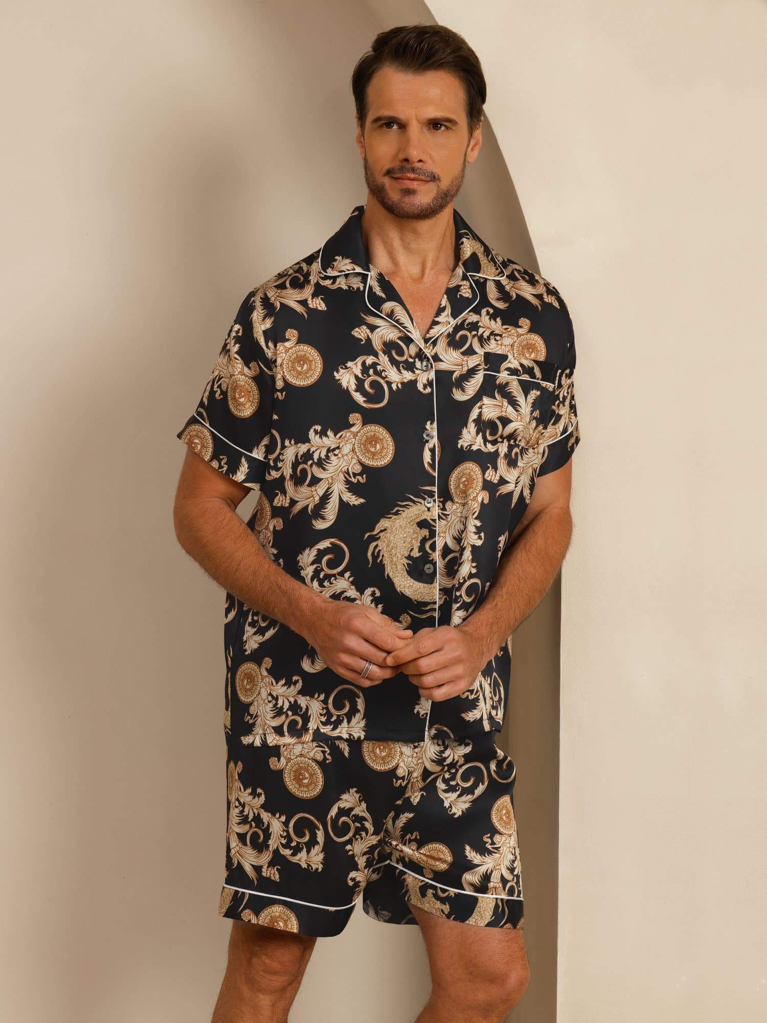 Pure Silke Herr Drake Print Kortärmad Notch Krage Pyjamas Set - Image 4