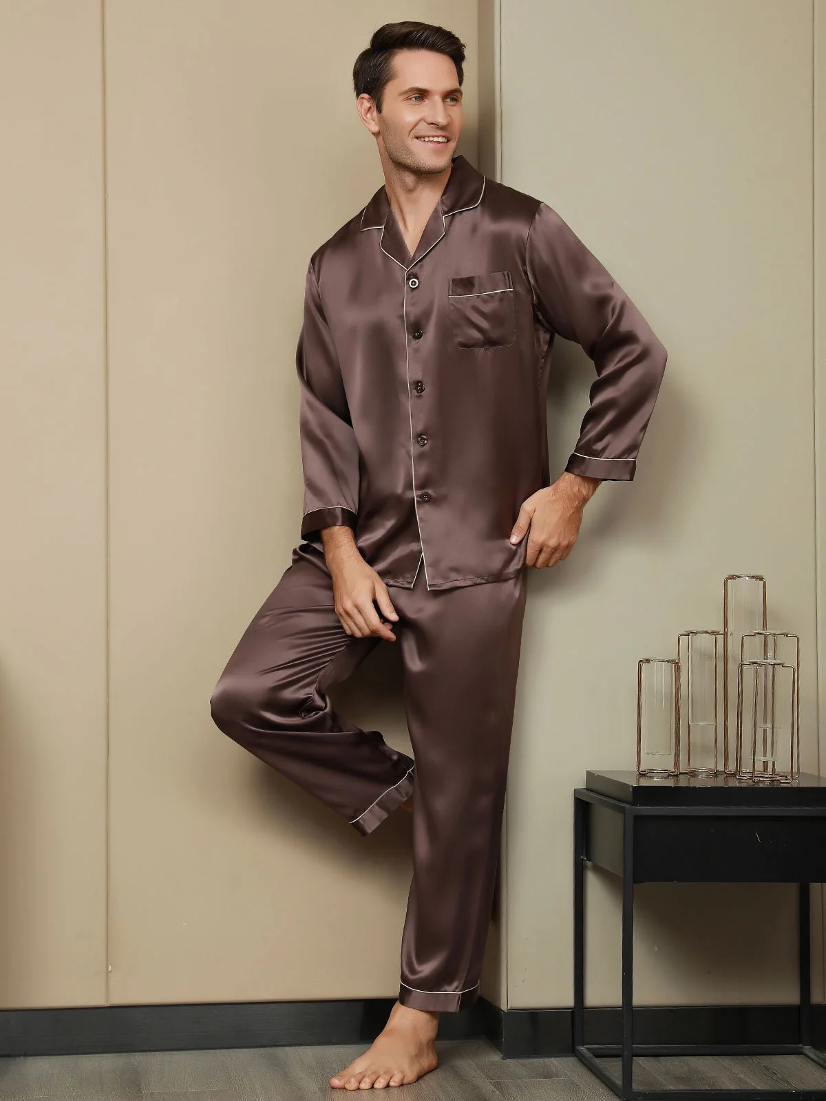 Herrpyjamas I Ren Siden Med Lång Ärm - Image 22