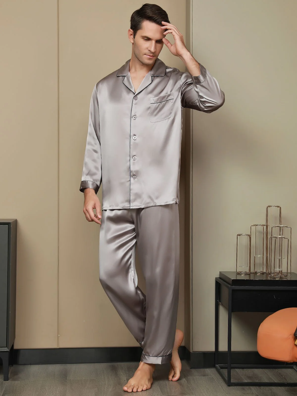 Herrpyjamas I Ren Siden Med Lång Ärm - Image 27