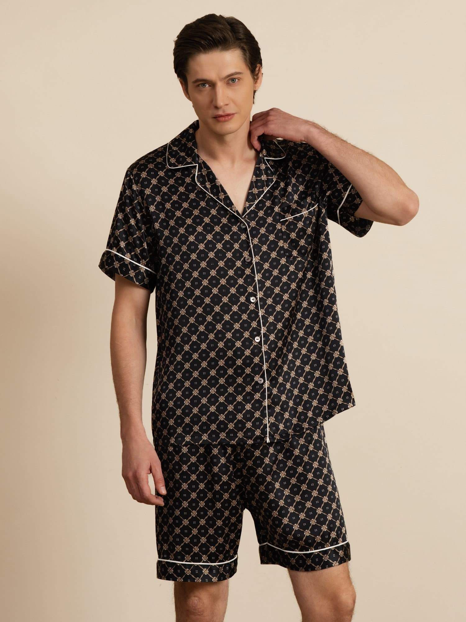 Ren Siden Herr Kortarm Pyjamas Set Med Shorts Hackslag Krage Kedje Tryck - Image 10