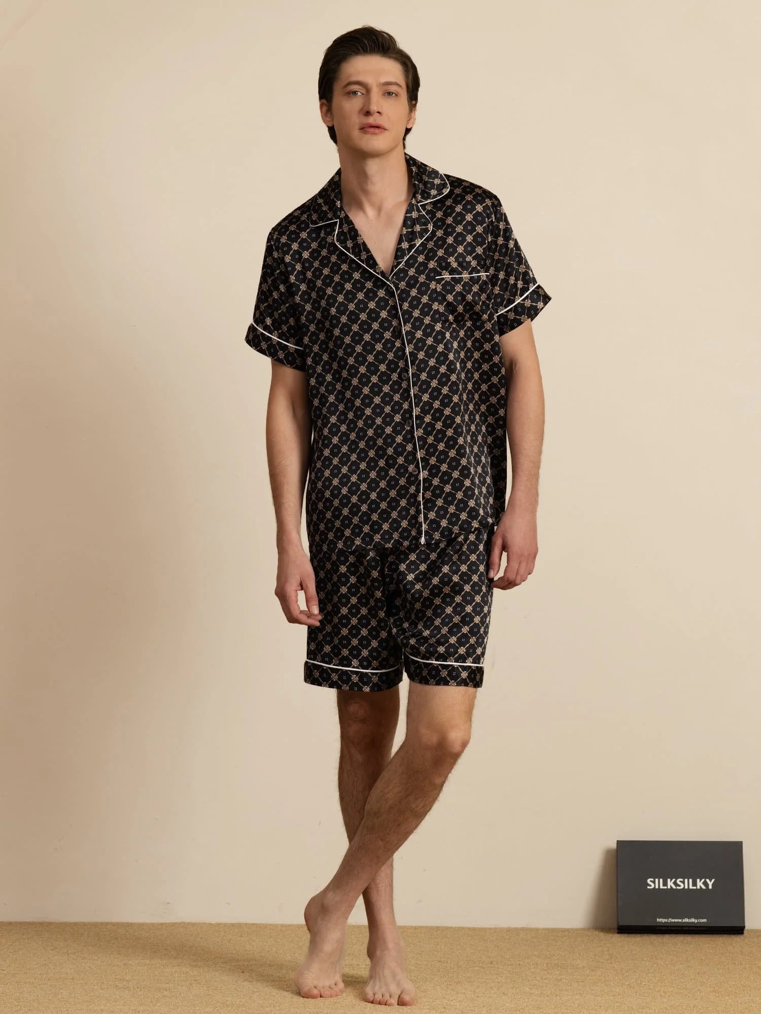 Ren Siden Herr Kortarm Pyjamas Set Med Shorts Hackslag Krage Kedje Tryck - Image 13