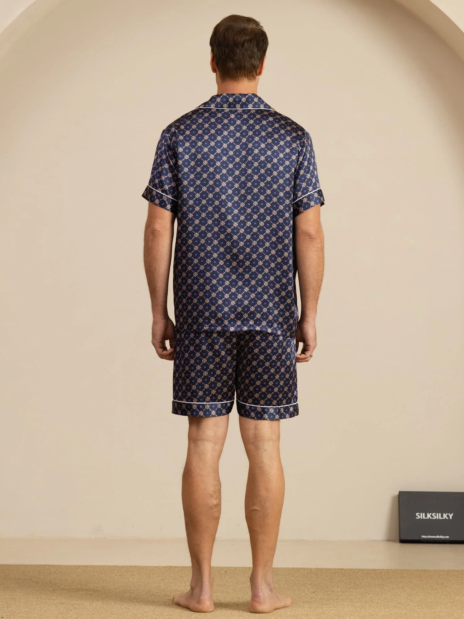 Ren Siden Herr Kortarm Pyjamas Set Med Shorts Hackslag Krage Kedje Tryck - Image 2