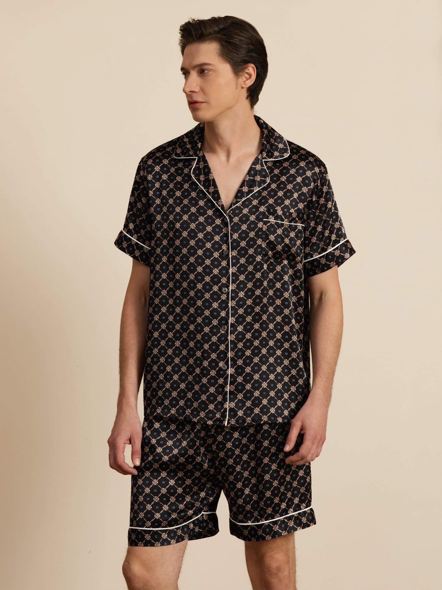 Ren Siden Herr Kortarm Pyjamas Set Med Shorts Hackslag Krage Kedje Tryck - Image 8