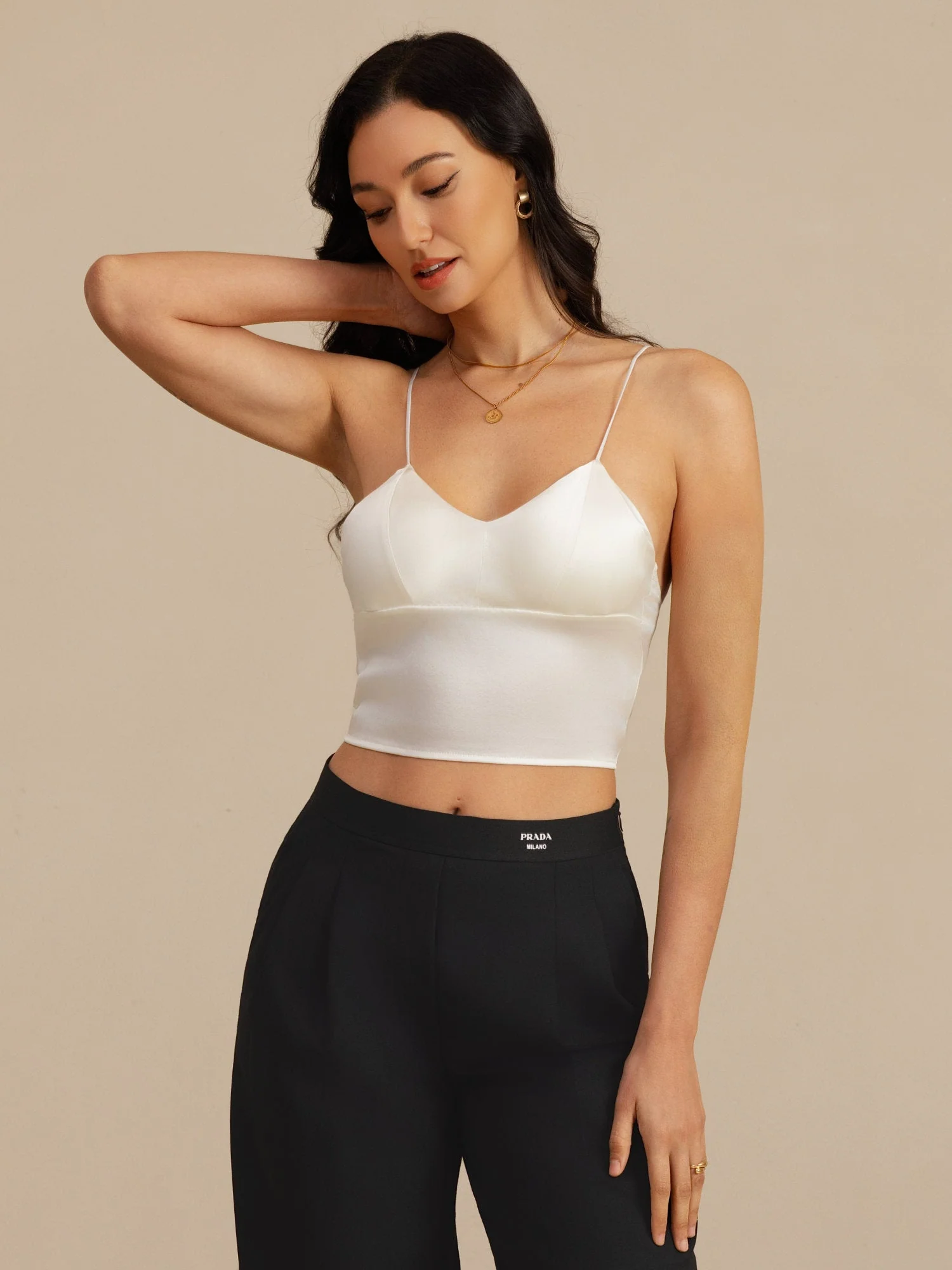 19Momme Siden Crop Top Spaghettiband V Ringning Camisole Med Inbyggd Bh - Image 6