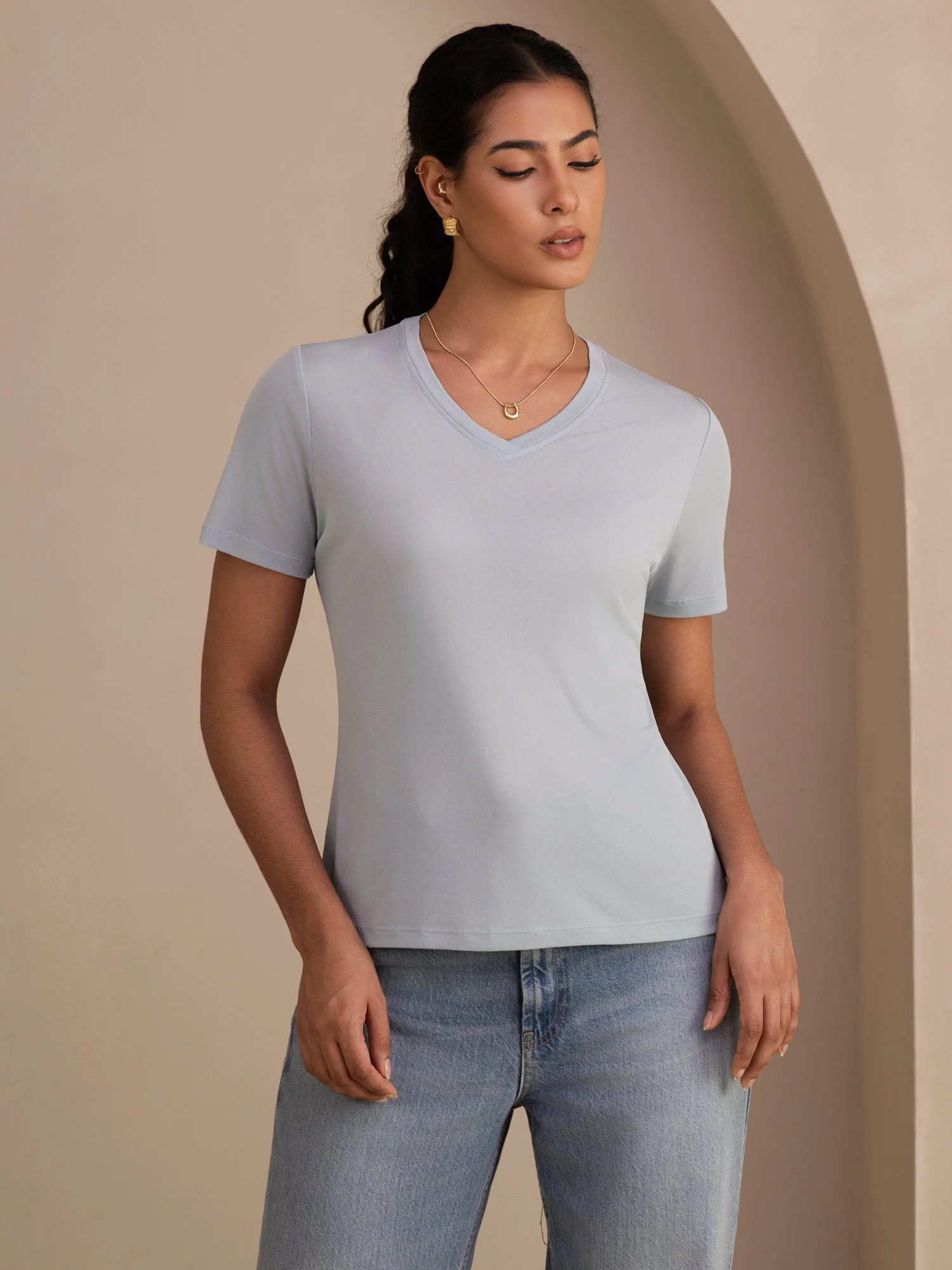 Pure Silk V-Hals Korta Ärmar Snag-Resistant T-Shirt för Damer - Image 10