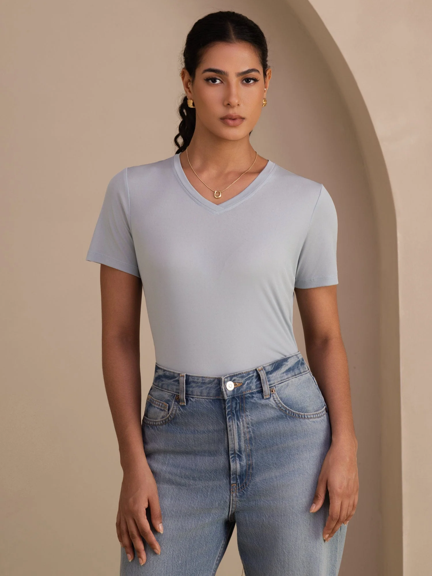 Pure Silk V-Hals Korta Ärmar Snag-Resistant T-Shirt för Damer - Image 12
