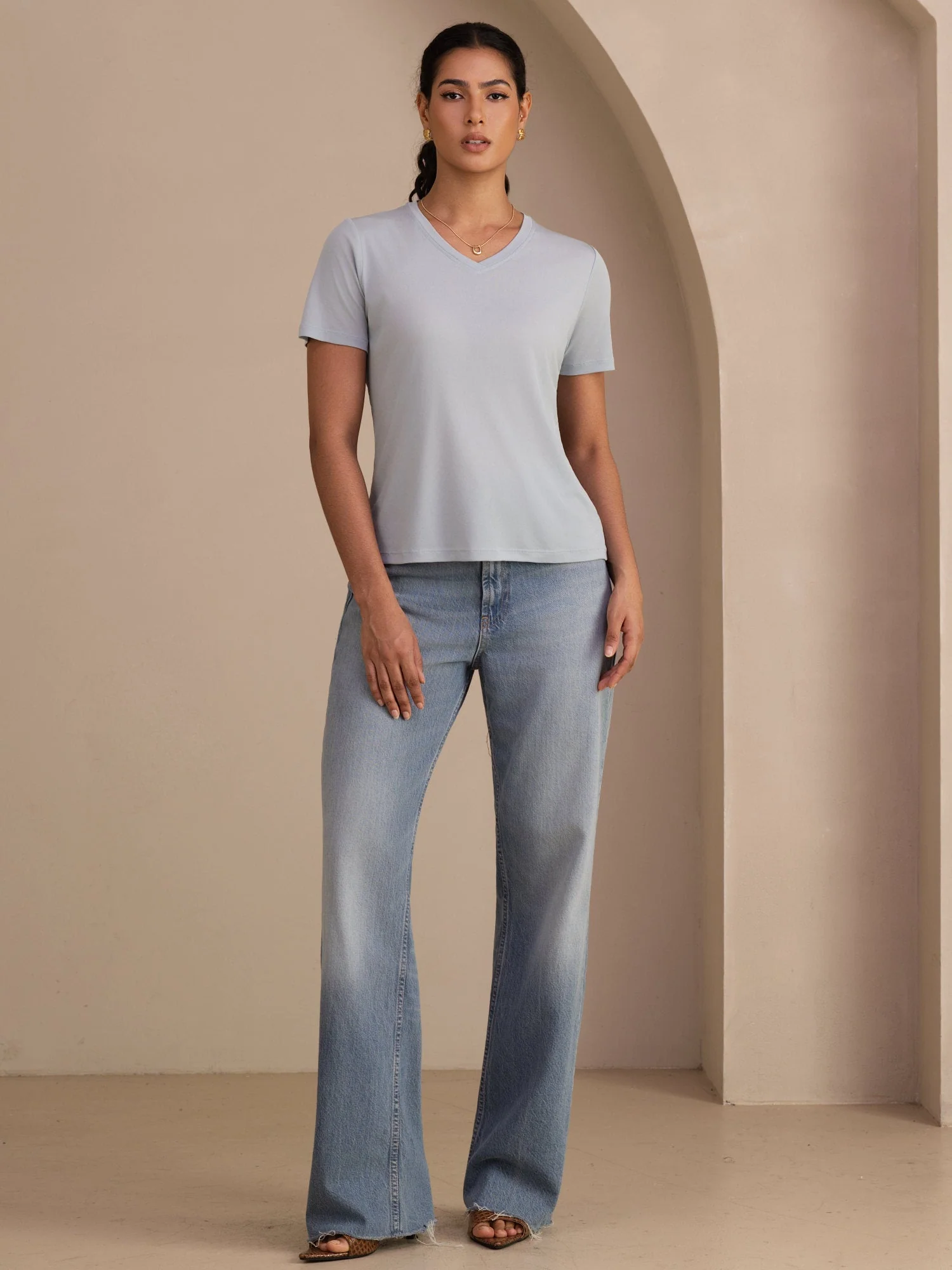 Pure Silk V-Hals Korta Ärmar Snag-Resistant T-Shirt för Damer - Image 15