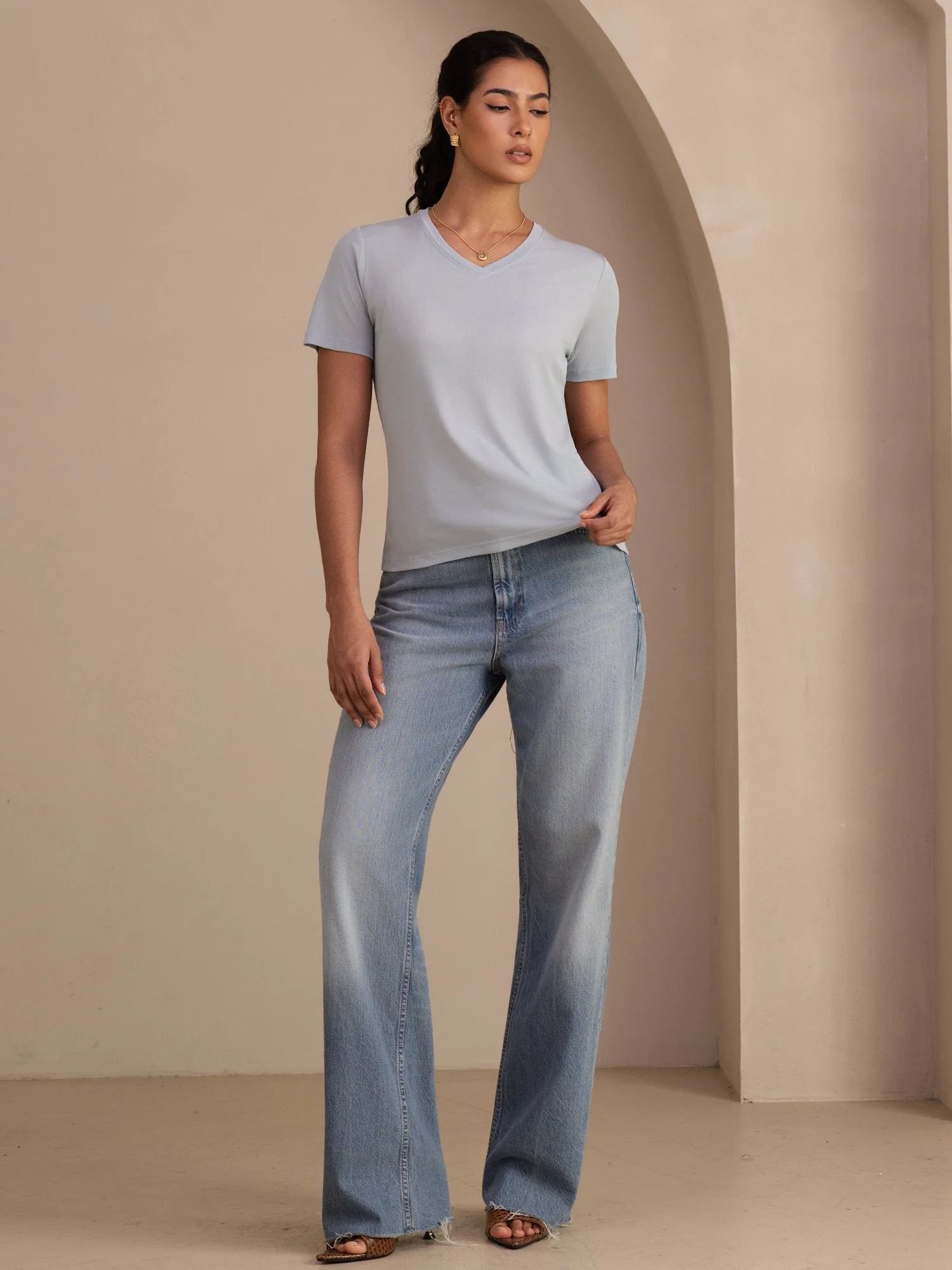 Pure Silk V-Hals Korta Ärmar Snag-Resistant T-Shirt för Damer - Image 16