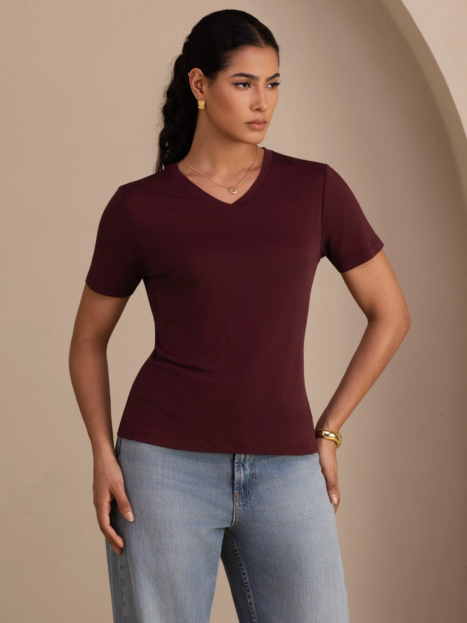 Pure Silk V-Hals Korta Ärmar Snag-Resistant T-Shirt för Damer - Image 17