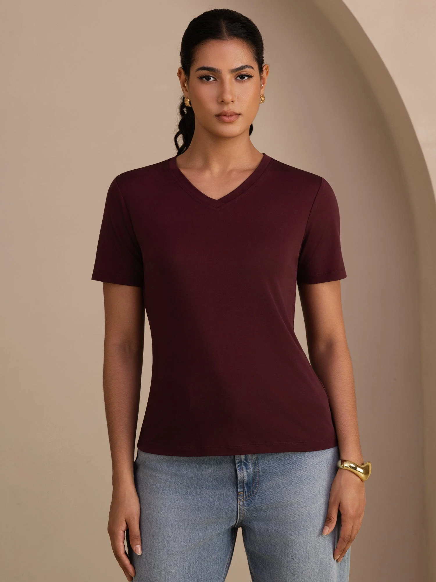 Pure Silk V-Hals Korta Ärmar Snag-Resistant T-Shirt för Damer - Image 19
