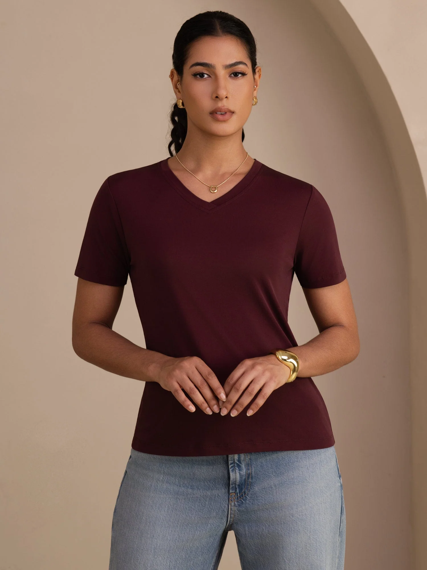 Pure Silk V-Hals Korta Ärmar Snag-Resistant T-Shirt för Damer - Image 20