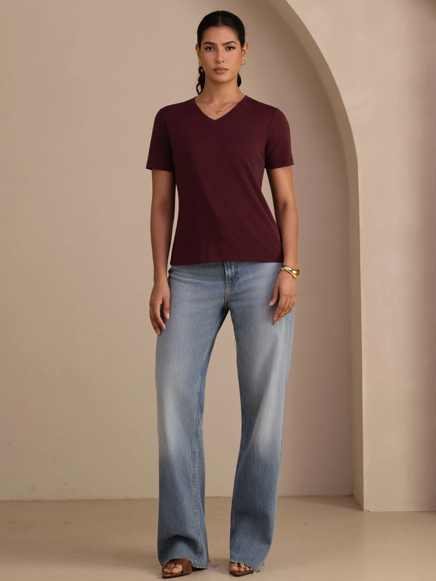 Pure Silk V-Hals Korta Ärmar Snag-Resistant T-Shirt för Damer - Image 21