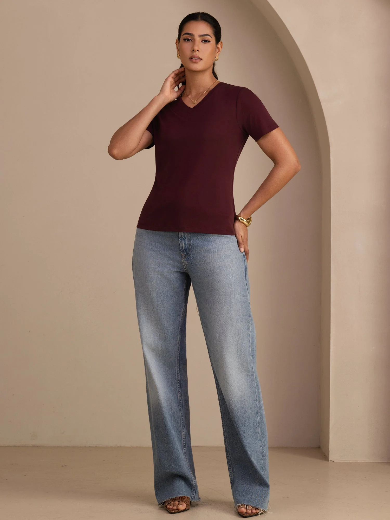 Pure Silk V-Hals Korta Ärmar Snag-Resistant T-Shirt för Damer - Image 22