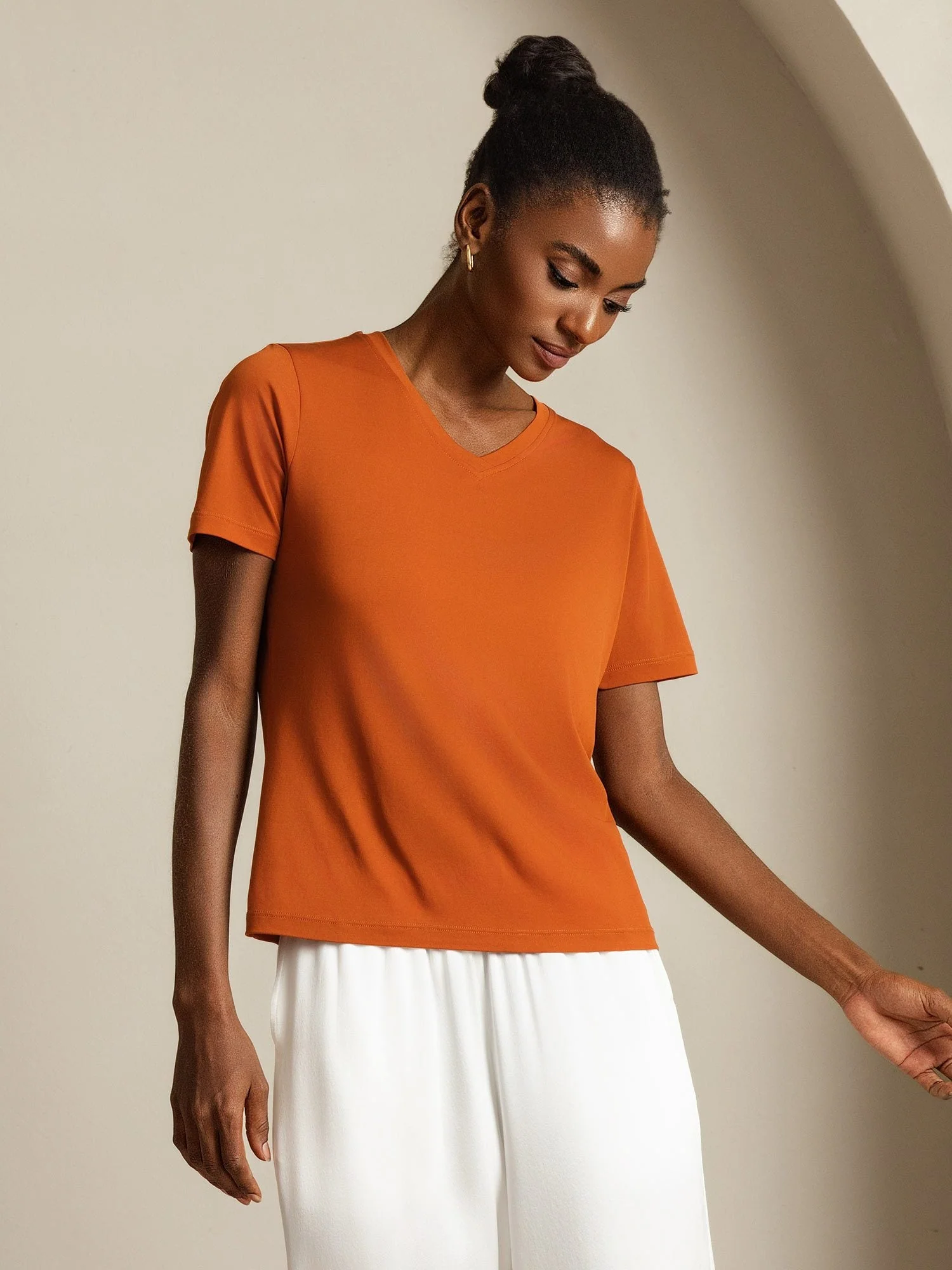 Pure Silk V-Hals Korta Ärmar Snag-Resistant T-Shirt för Damer - Image 3